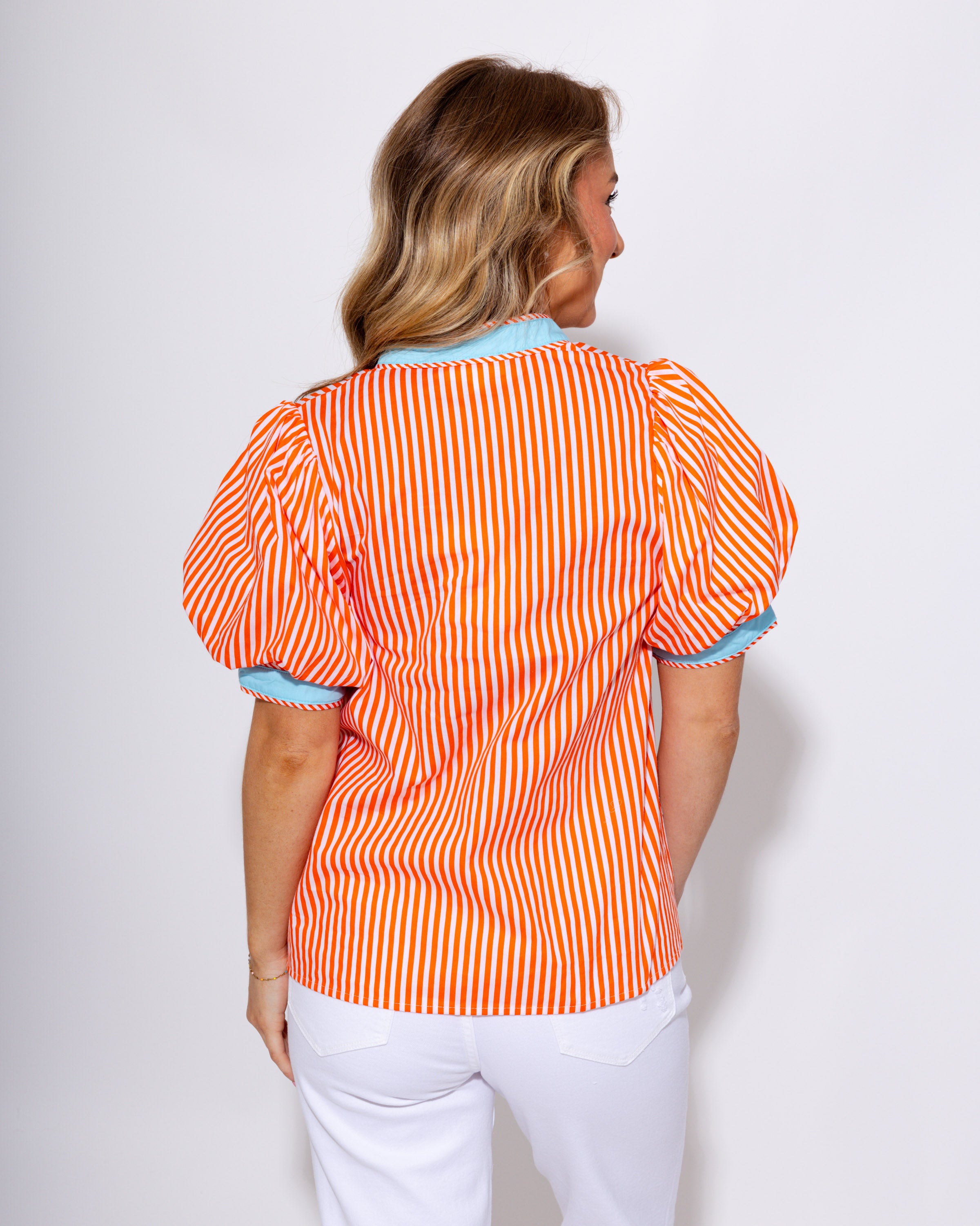Contrast Trim Stripe V-Neck Top in Orange