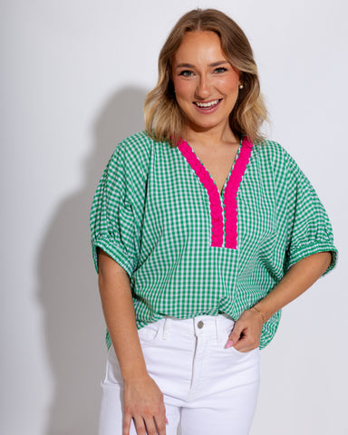 Green gingham puff sleeve top with contrast scallop V-neck trim, lightweight cotton boutique blouse at Gaudie & Co