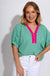 Green gingham puff sleeve top with contrast scallop V-neck trim, lightweight cotton boutique blouse at Gaudie & Co