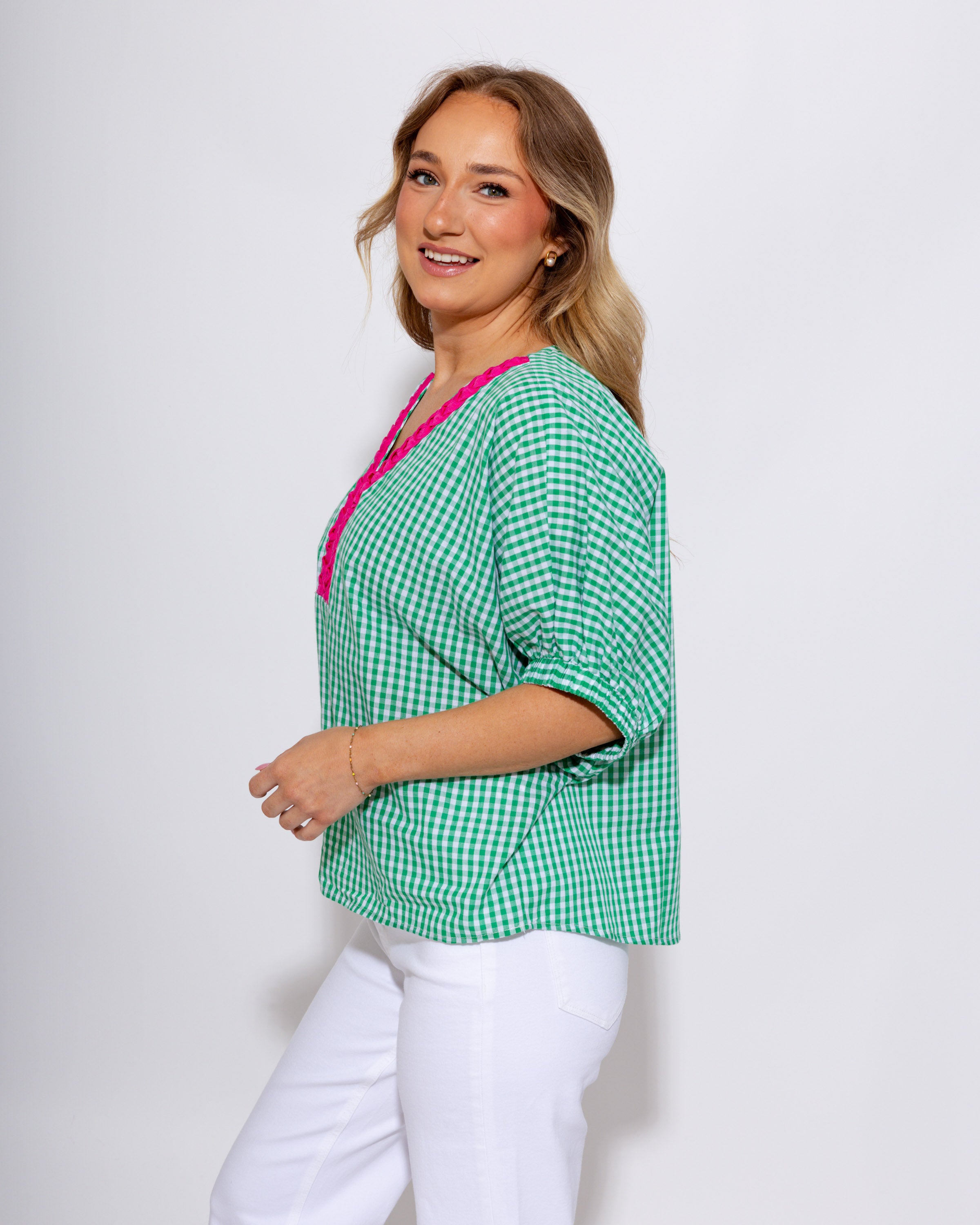 Contrast Scallop Gingham Top in Green