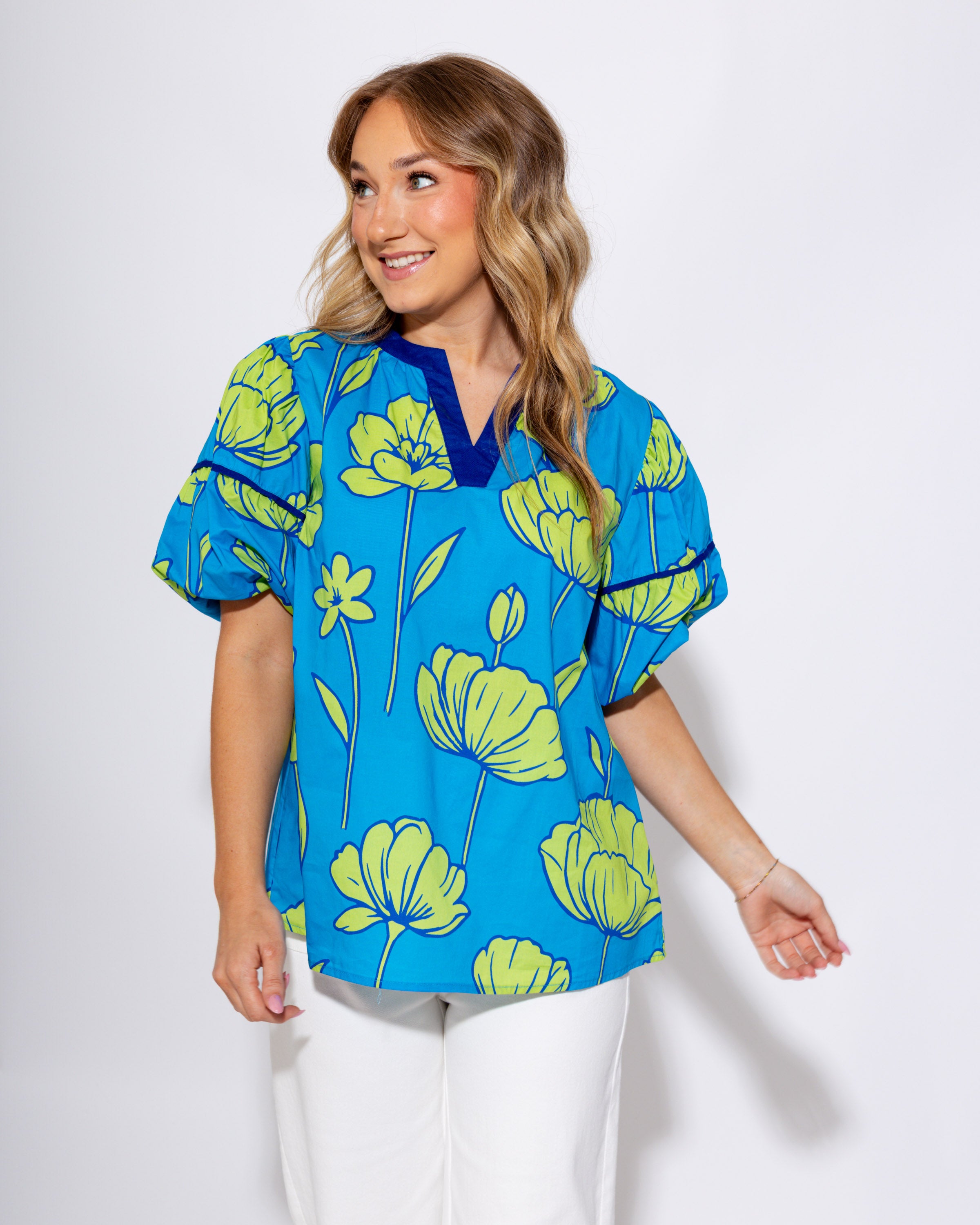 Cerulean Blue V-Neck Puff Sleeve Top - Umgee - Gaudie & Co. Texas Boutique