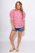 Red striped puff sleeve button-up blouse with star embroidery and ruffle cuffs, women's boutique top at Gaudie & Co