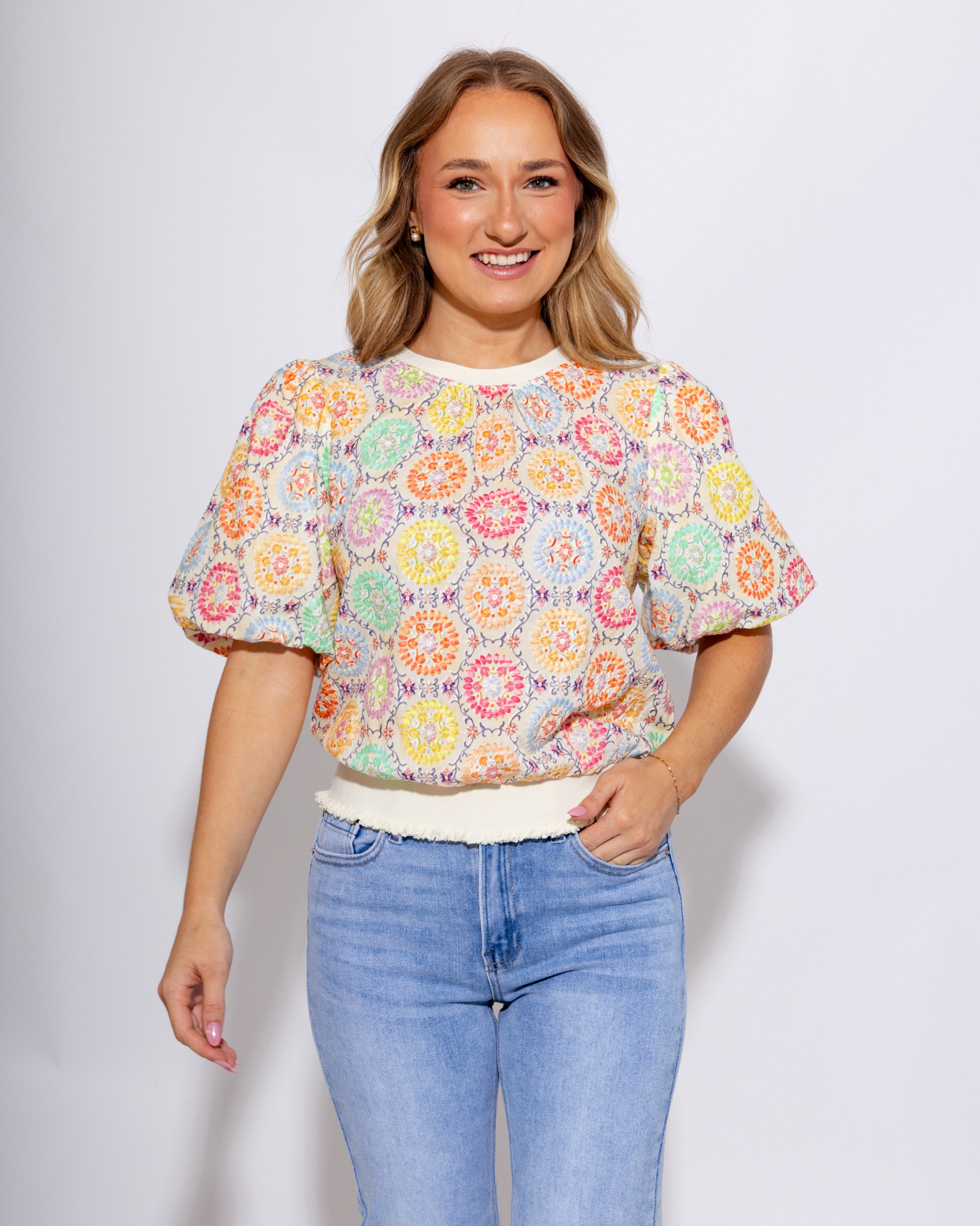 Medallion floral embroidered bubble sleeve top with contrast ribbed hem, women's boutique top at Gaudie & Co