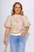 Medallion floral embroidered bubble sleeve top with contrast ribbed hem, women's boutique top at Gaudie & Co