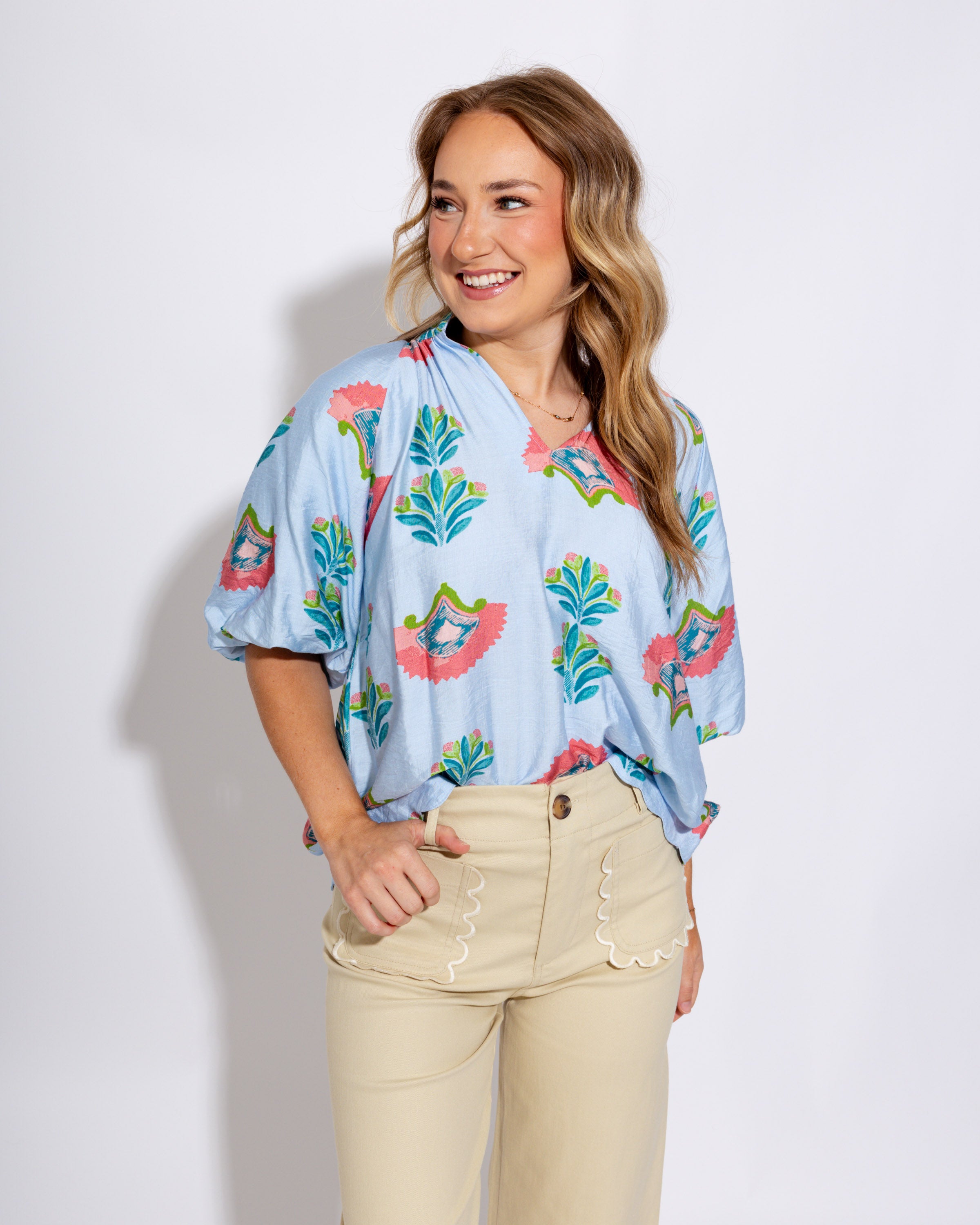 Abstract Floral Scallop Hem Top