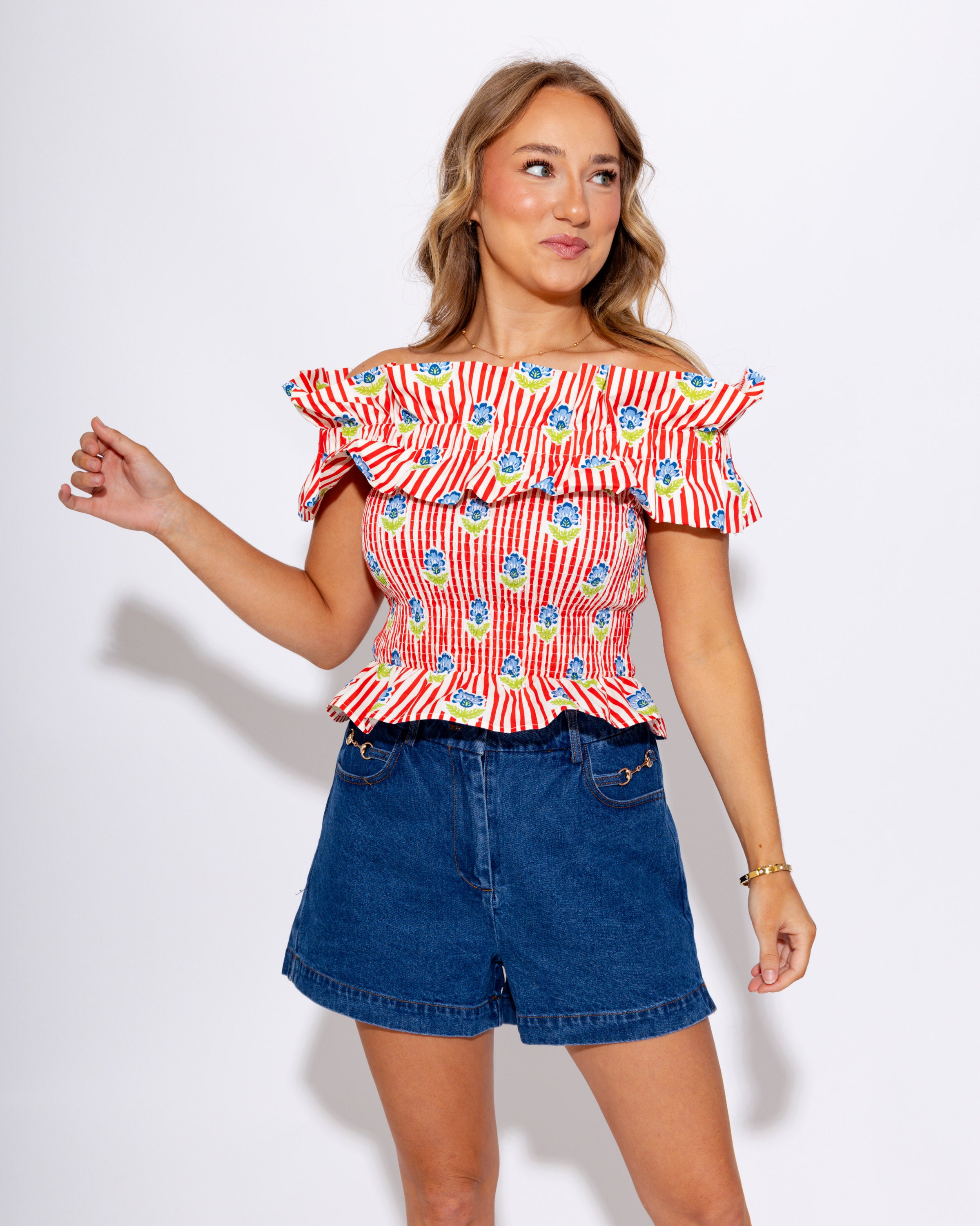 Floral Stripe Smocked Off Shoulder Top