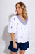 White puff sleeve top with blue and red sailboat embroidery, coastal nautical women's blouse at Gaudie & Co