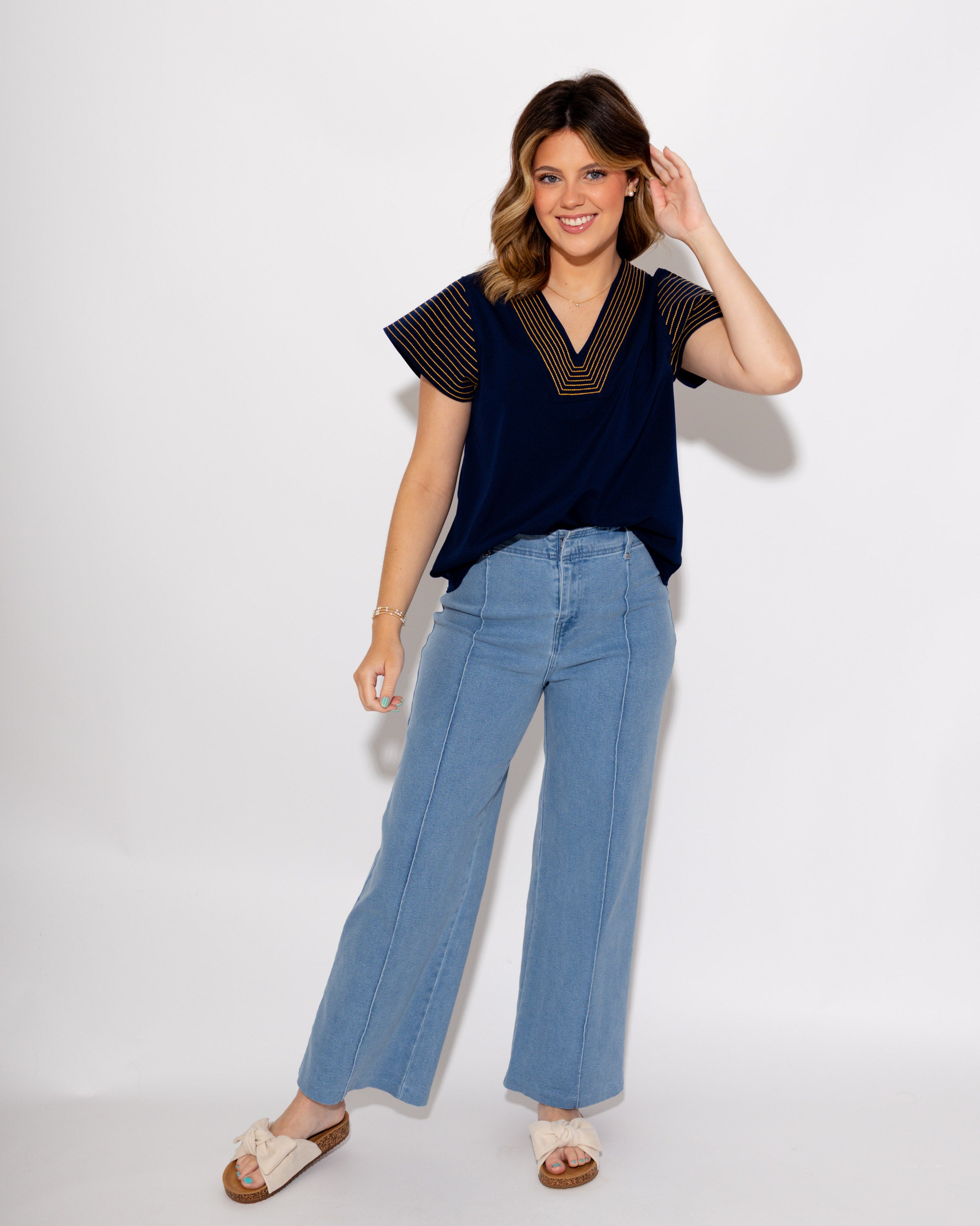 Crinkle Texture Stitch Detail Top in Navy