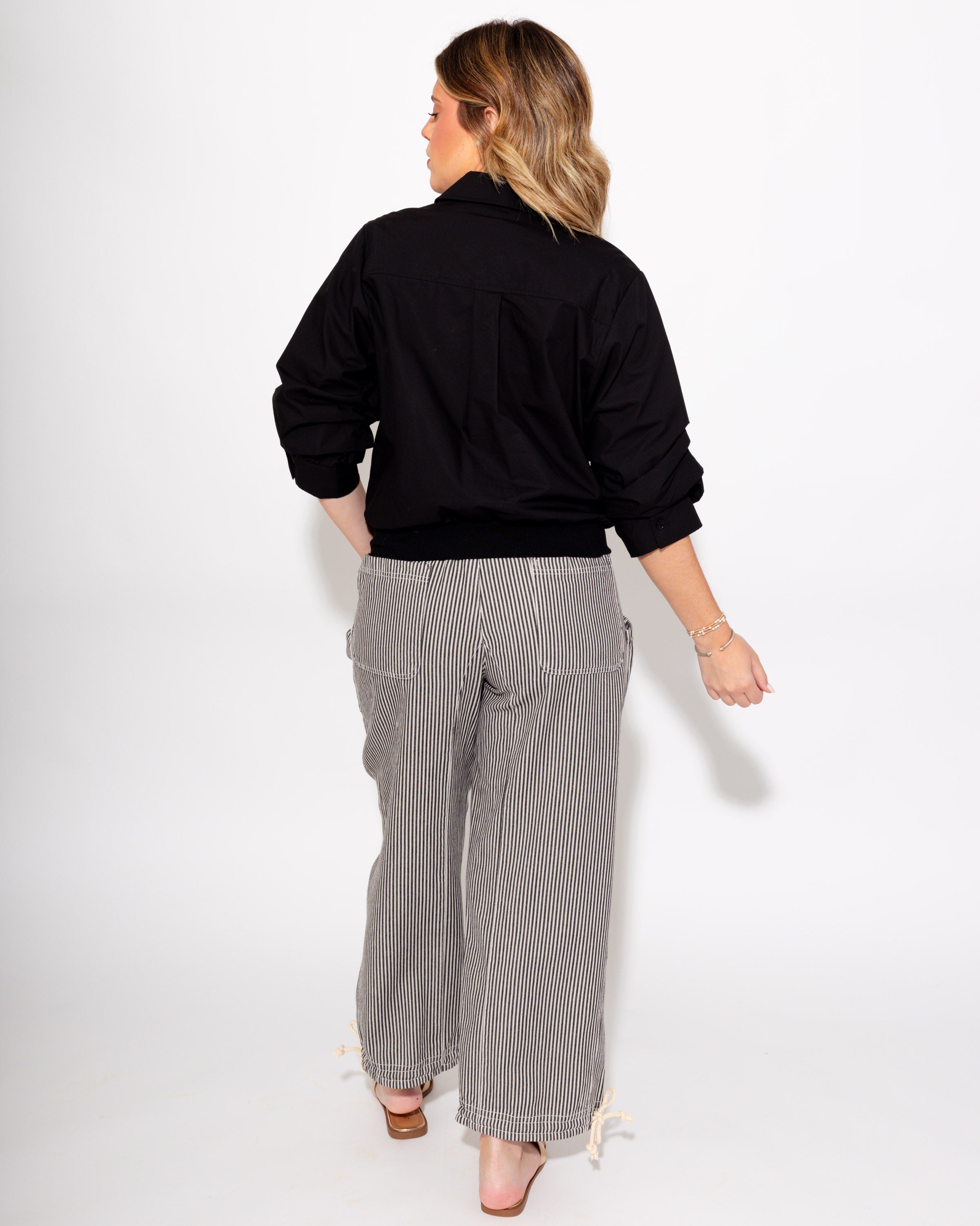 Chic Banded Hem Button Up in Black