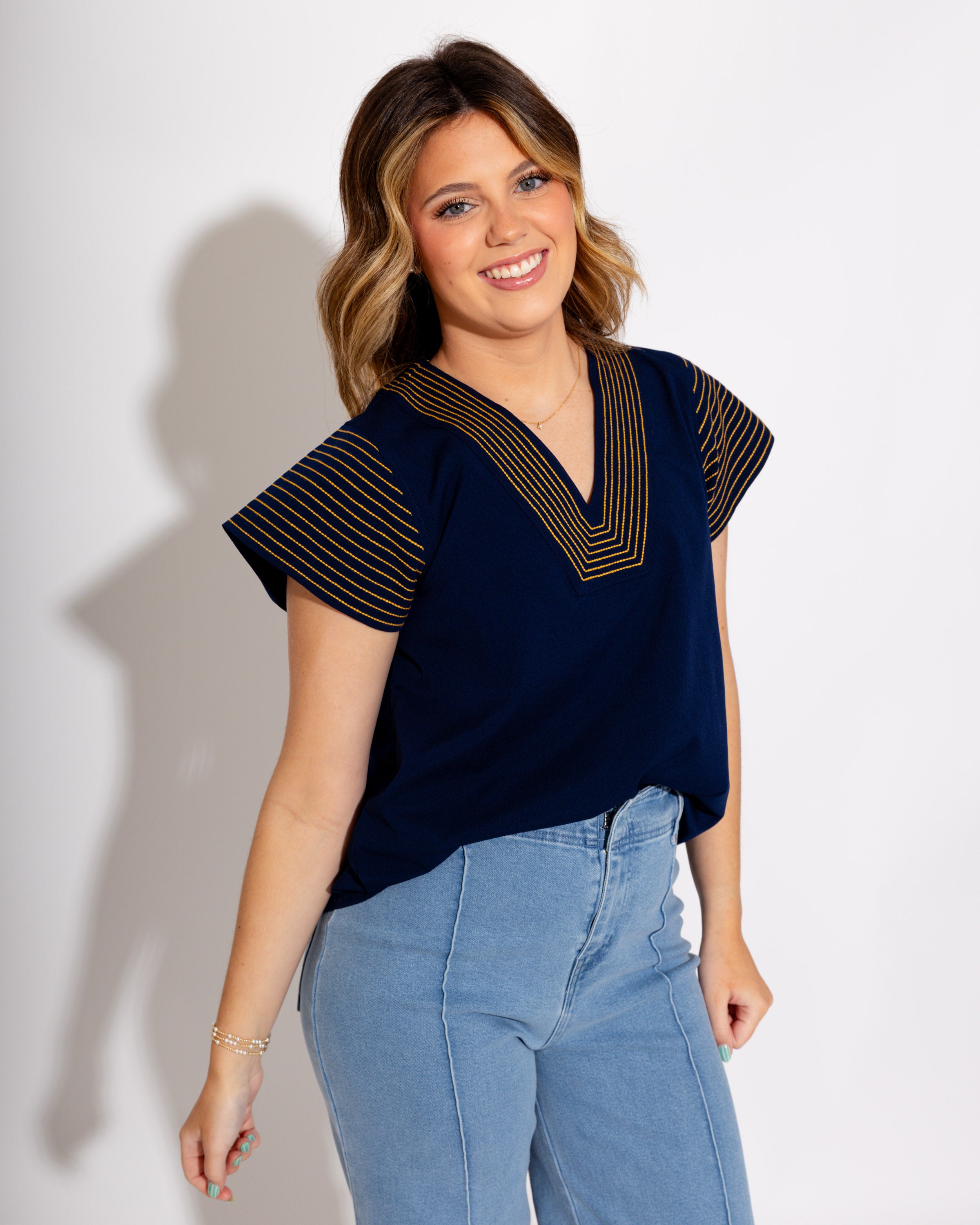 Crinkle Texture Stitch Detail Top in Navy