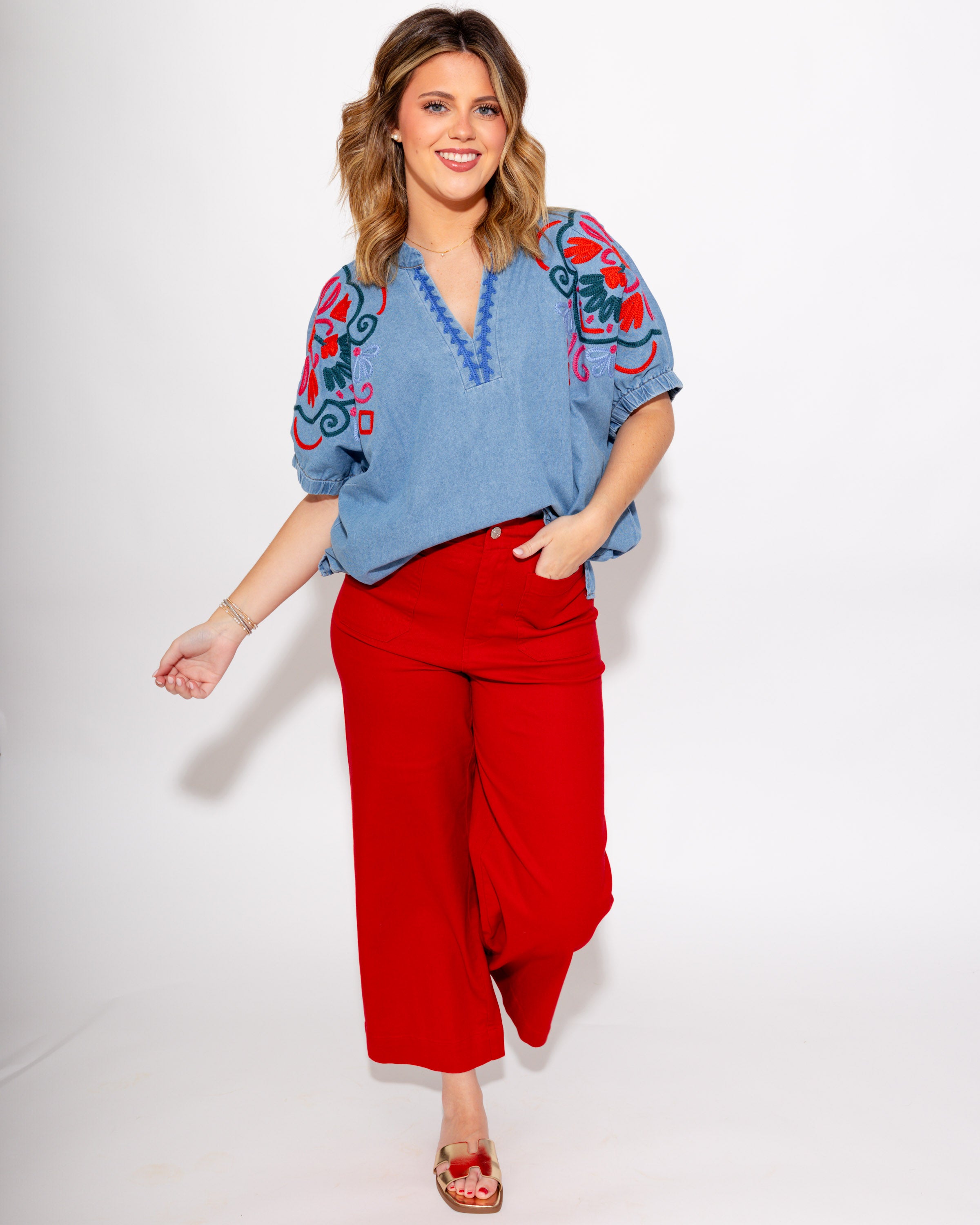 Embroidered Denim Puff Sleeve Top