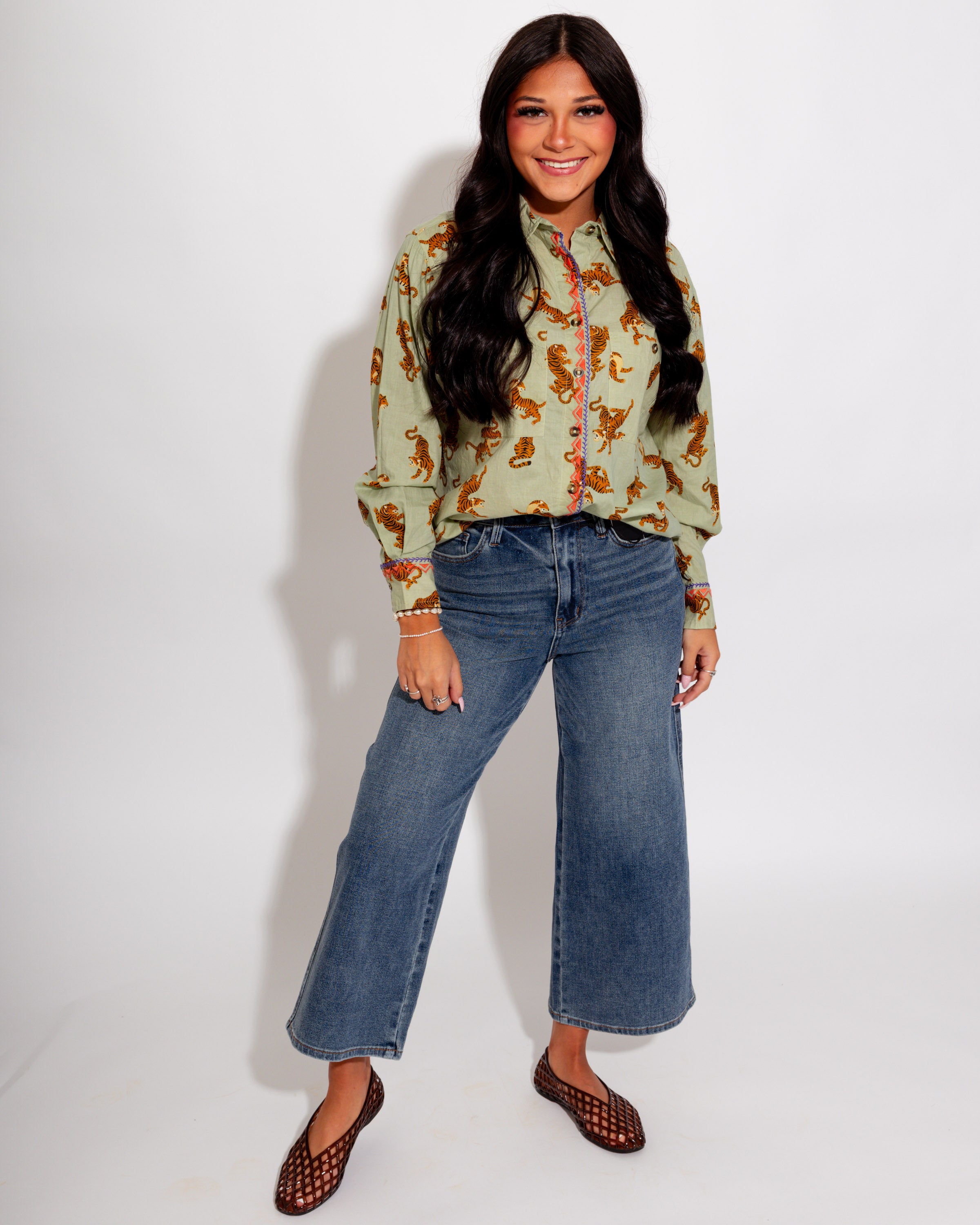 Ivy Jane I Tiger Embroidered Camp Shirt
