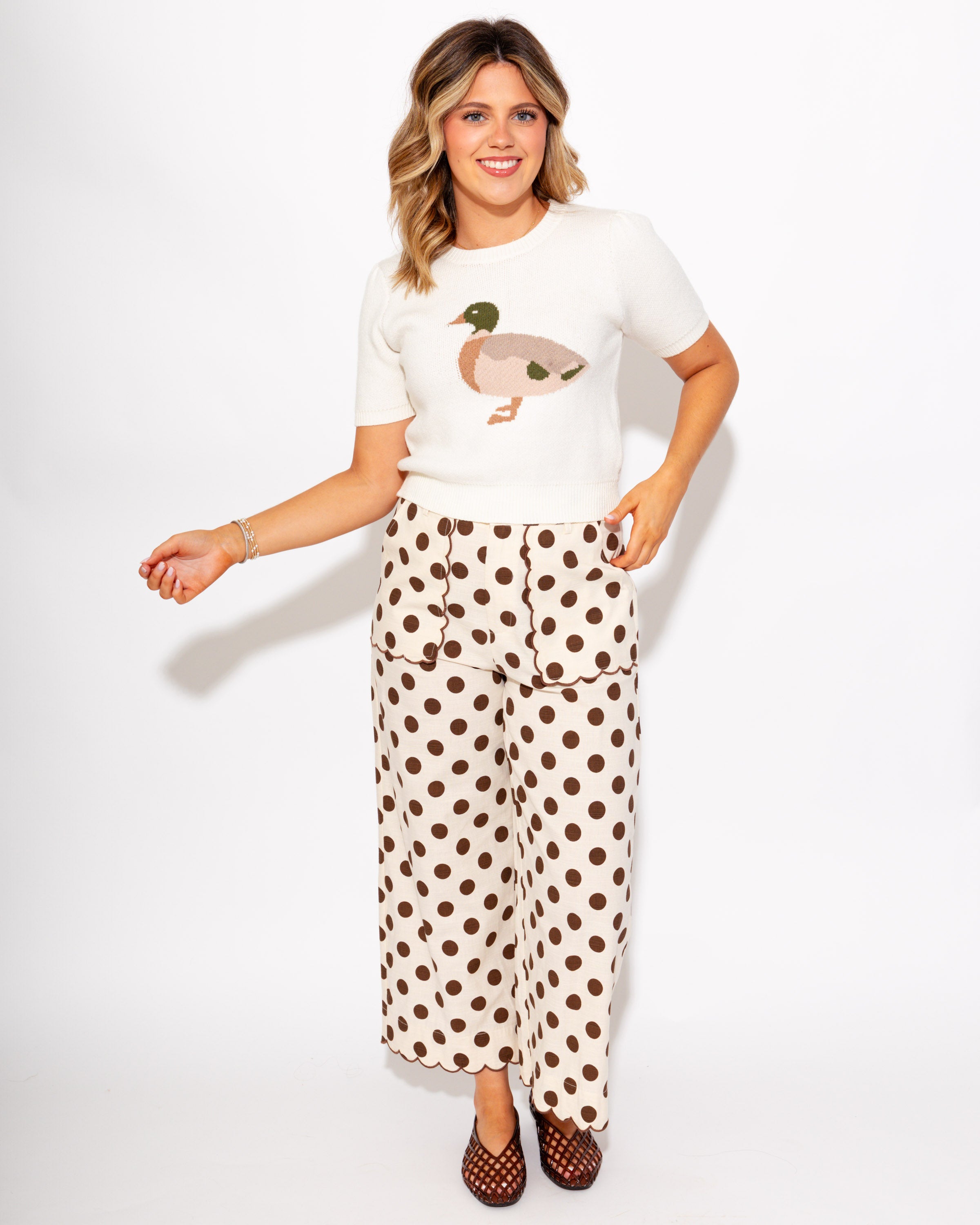 Embroidered Scallop Edge Polka Dot Pants in Mocha