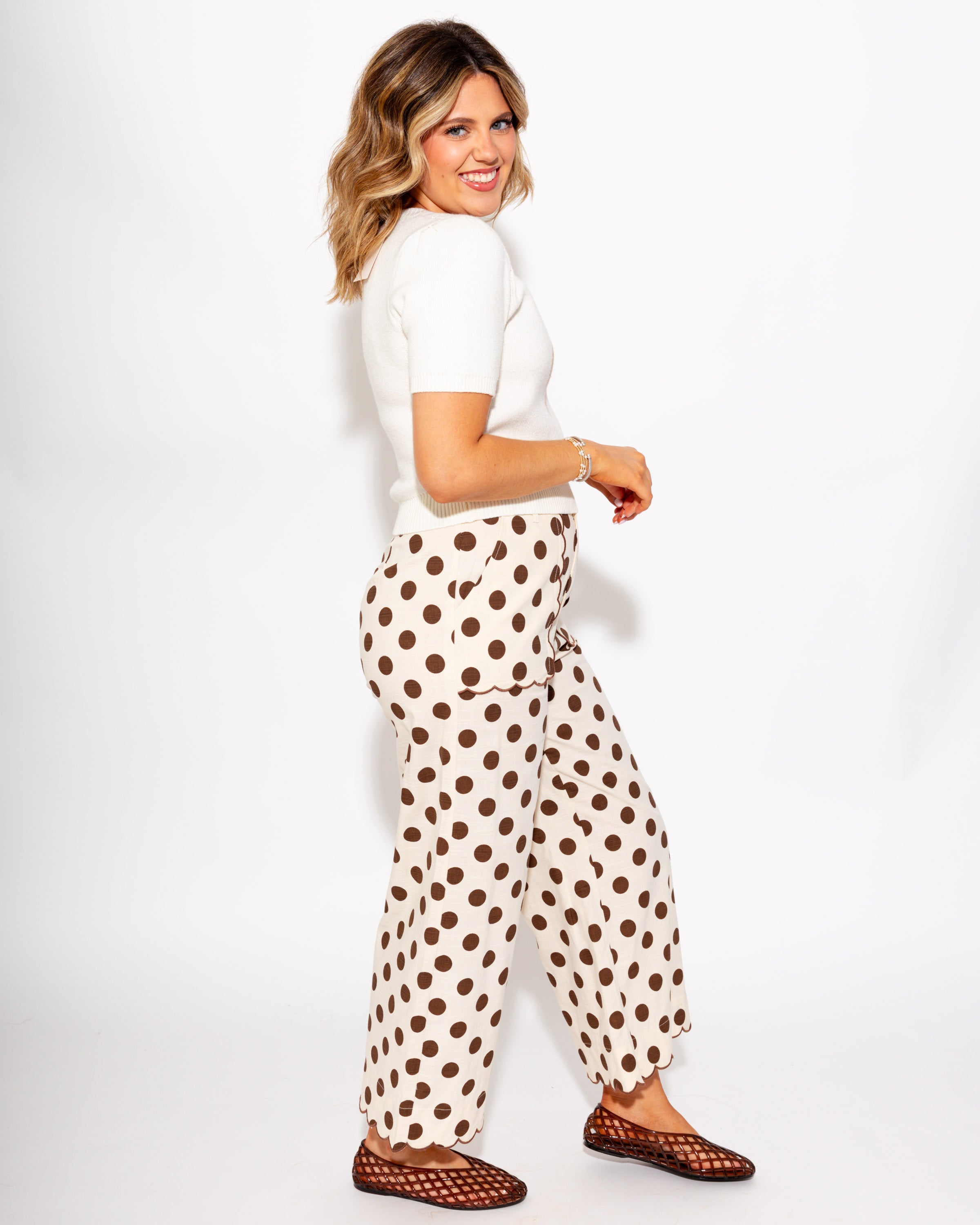 Embroidered Scallop Edge Polka Dot Pants in Mocha