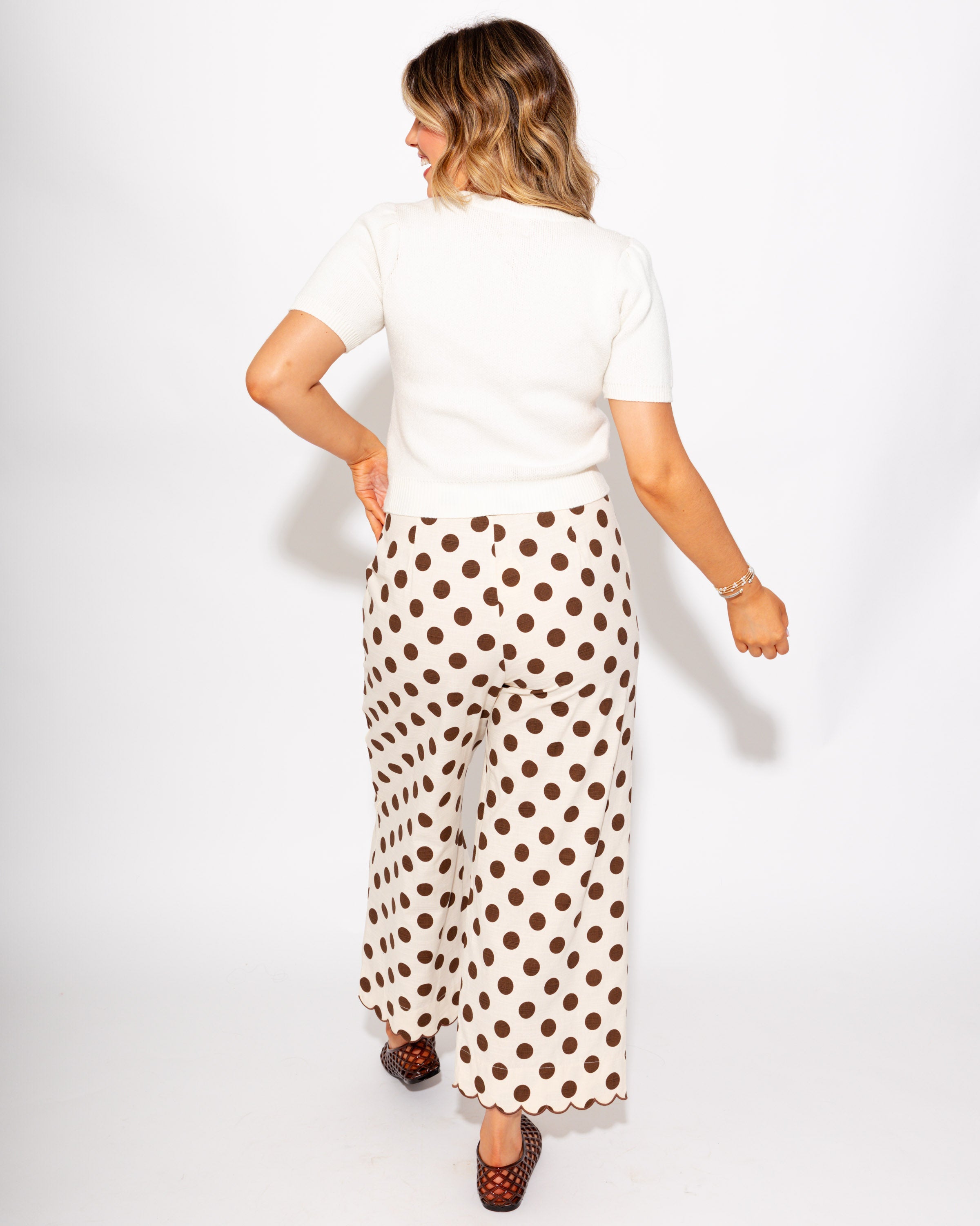 Embroidered Scallop Edge Polka Dot Pants in Mocha