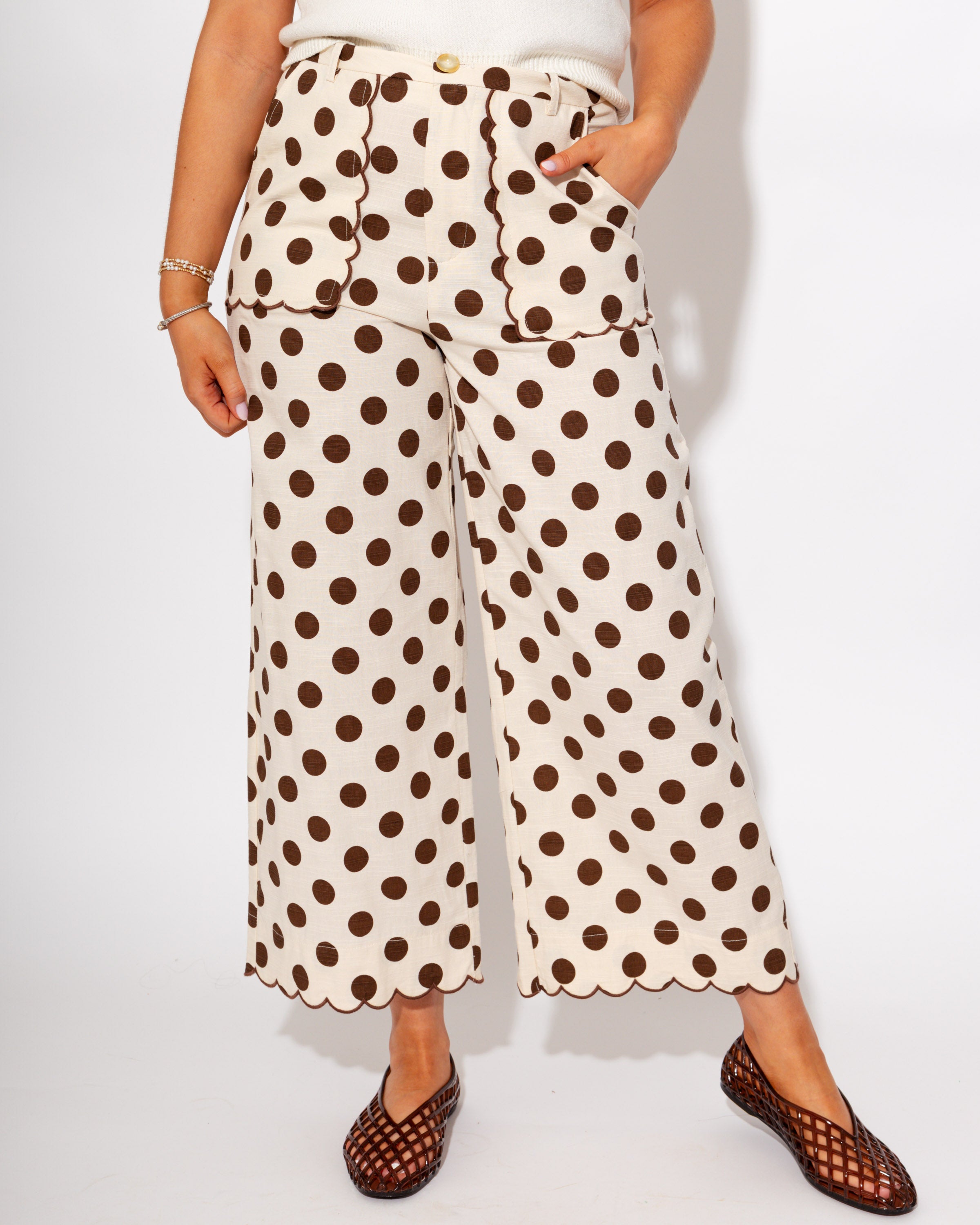 Embroidered Scallop Edge Polka Dot Pants in Mocha