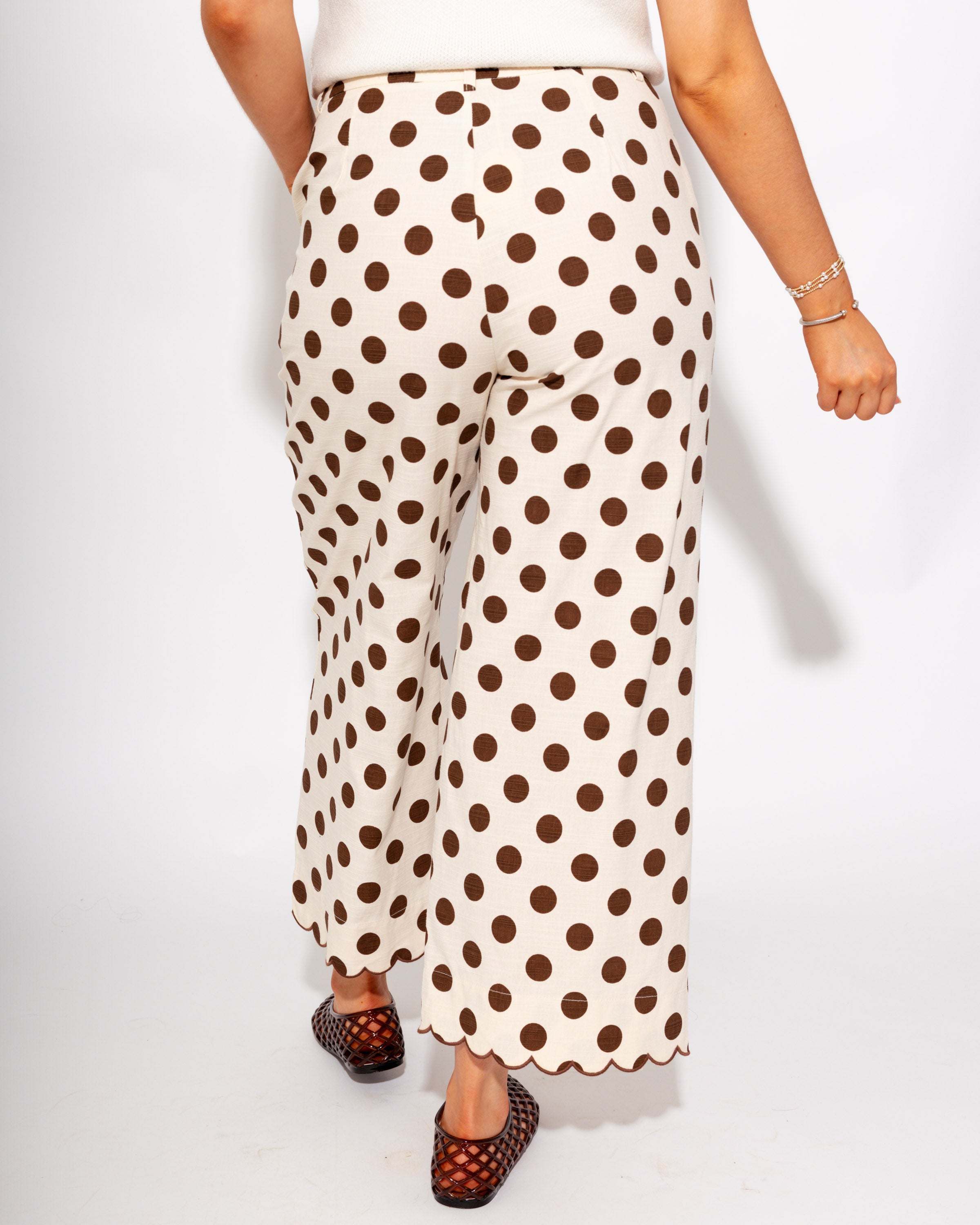 Embroidered Scallop Edge Polka Dot Pants in Mocha