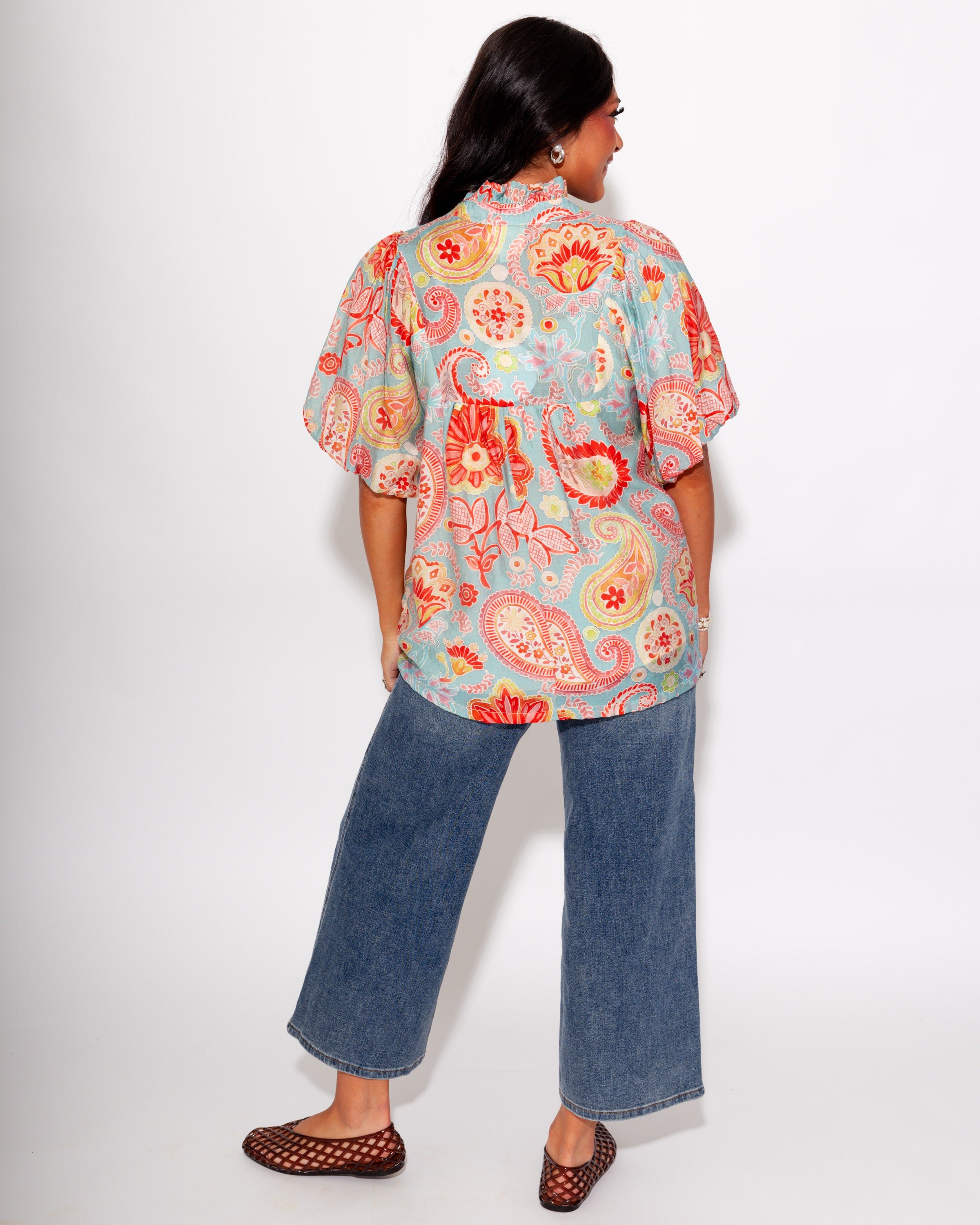 Paisley Print Puff Sleeve Top