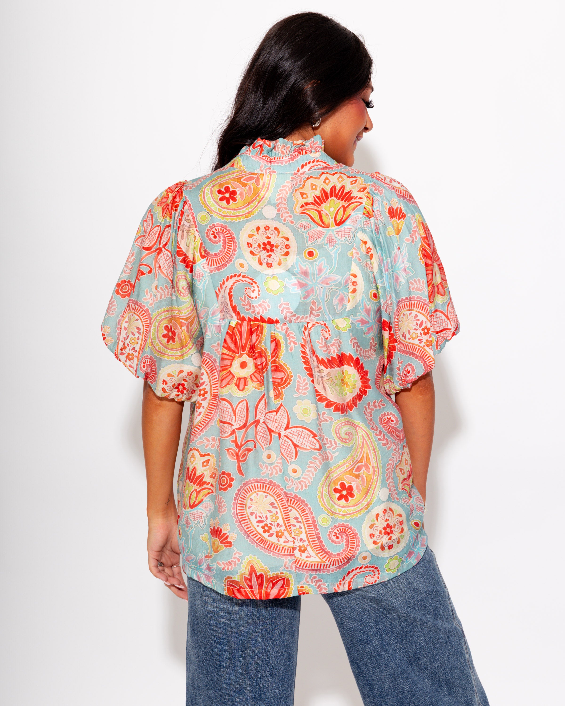 Paisley Print Puff Sleeve Top