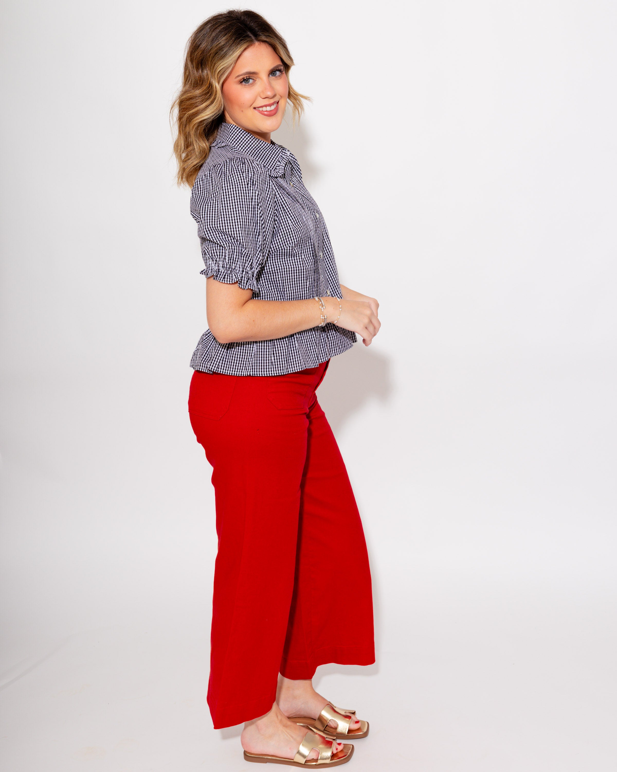 Gingham Puff Sleeve Peplum Top