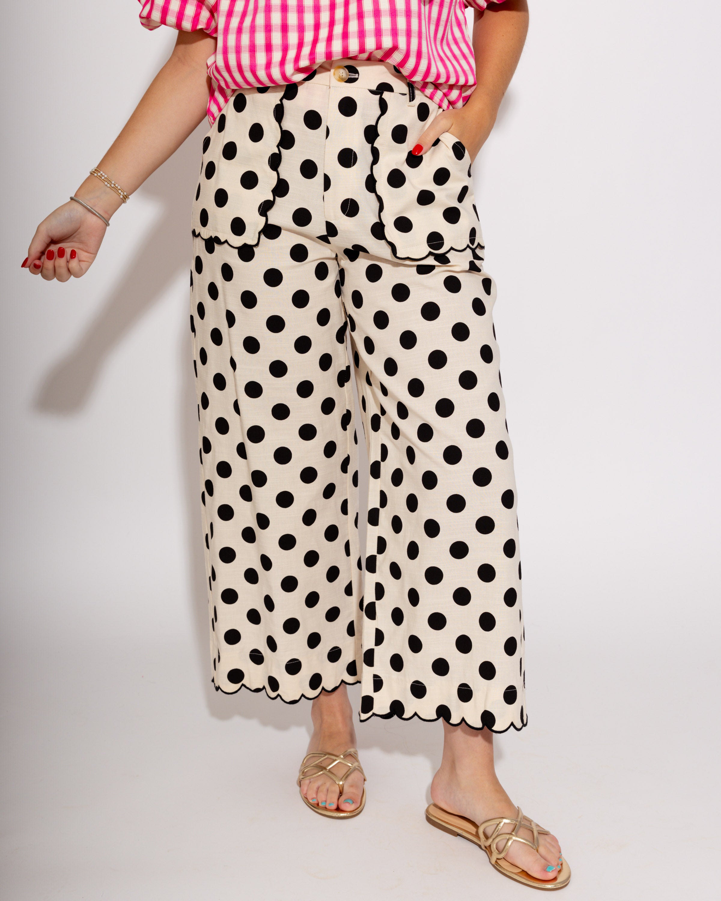 Embroidered Scallop Edge Polka Dot Pants