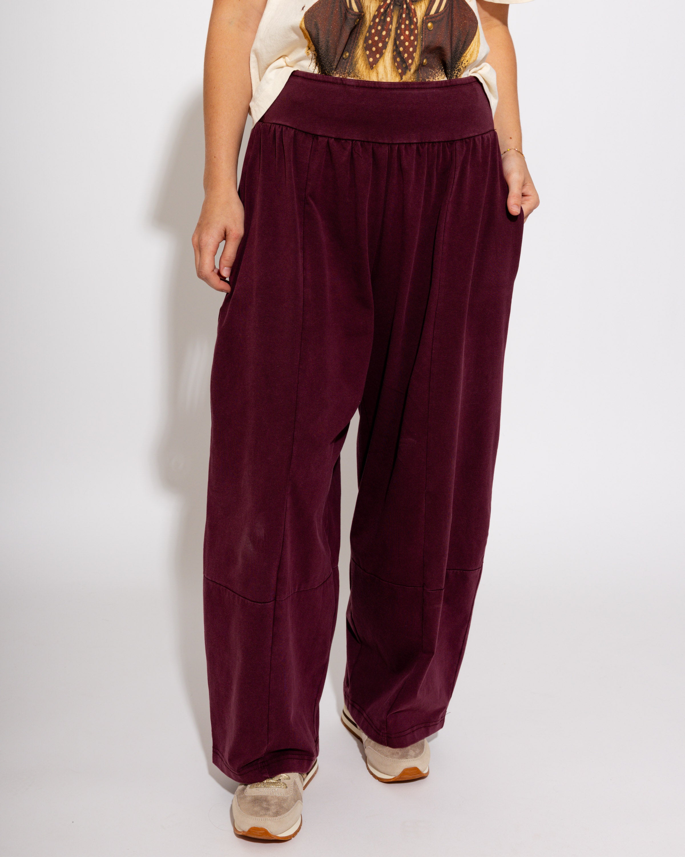 Mineral Washed Wide Leg Pants in Red Bean