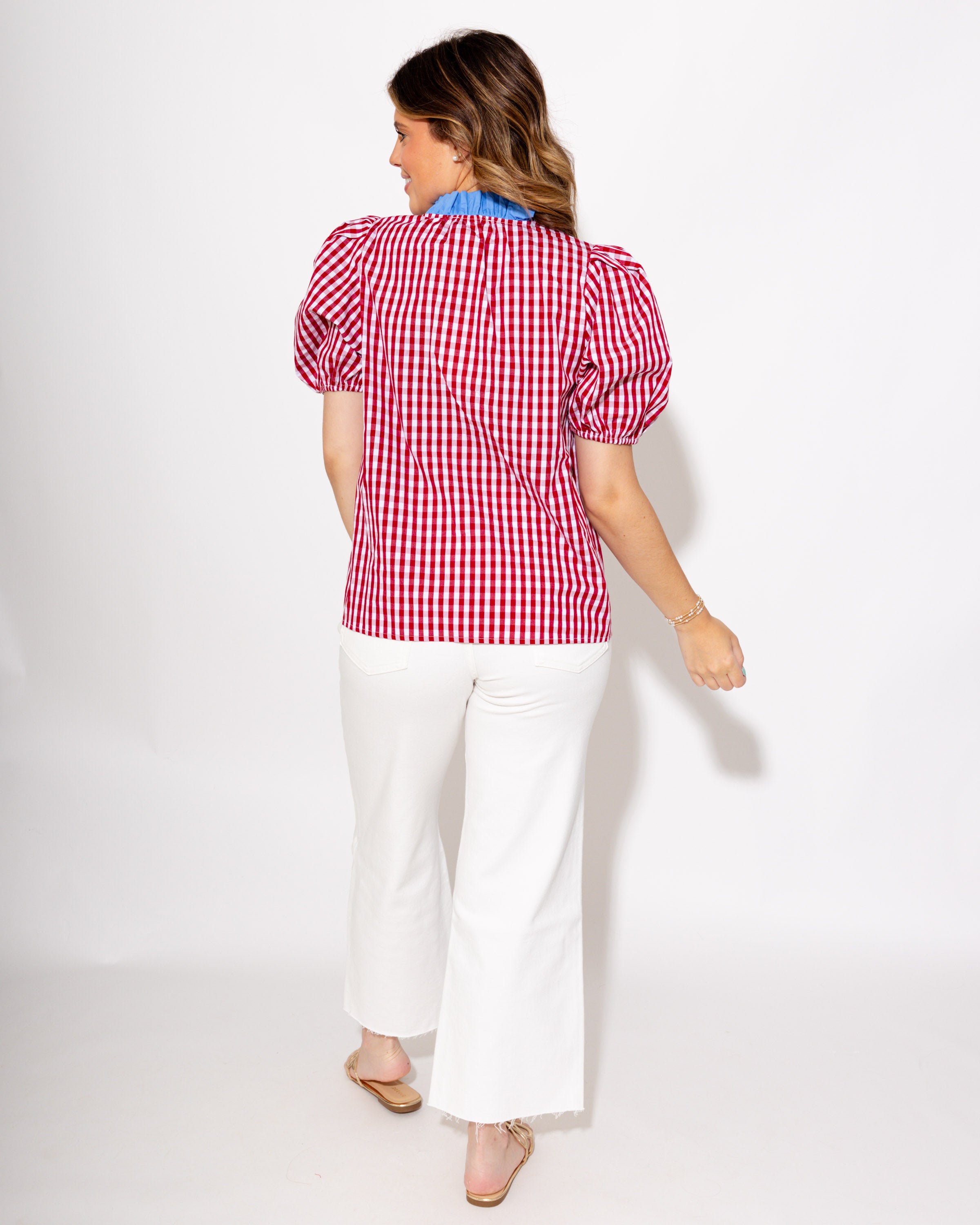 Gingham Puff Sleeve Contrast Top in Red