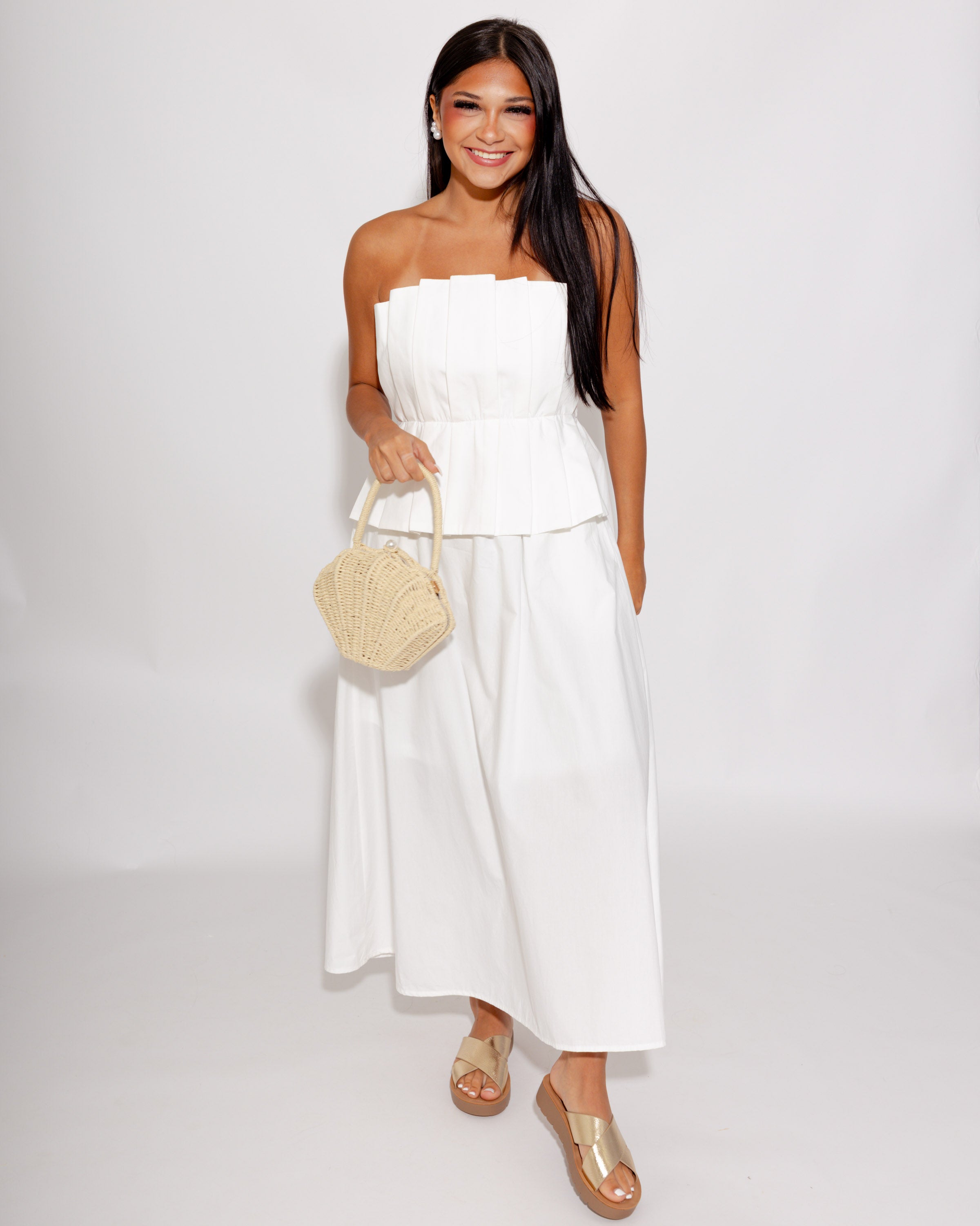 Strapless Pleated Bodice Midi Dress