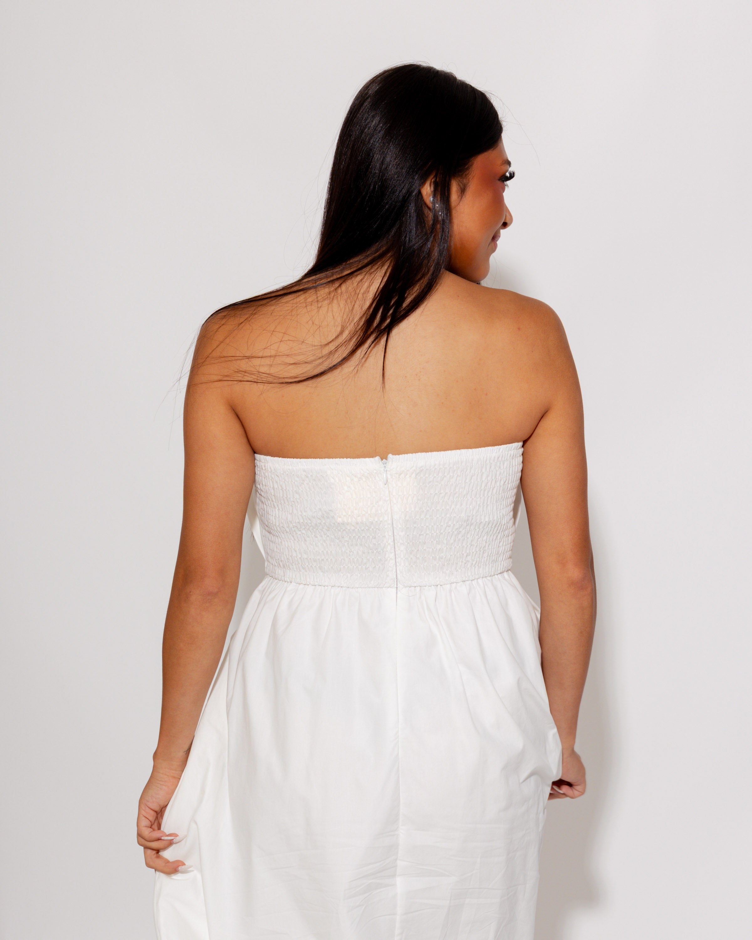 Strapless Pleated Bodice Midi Dress
