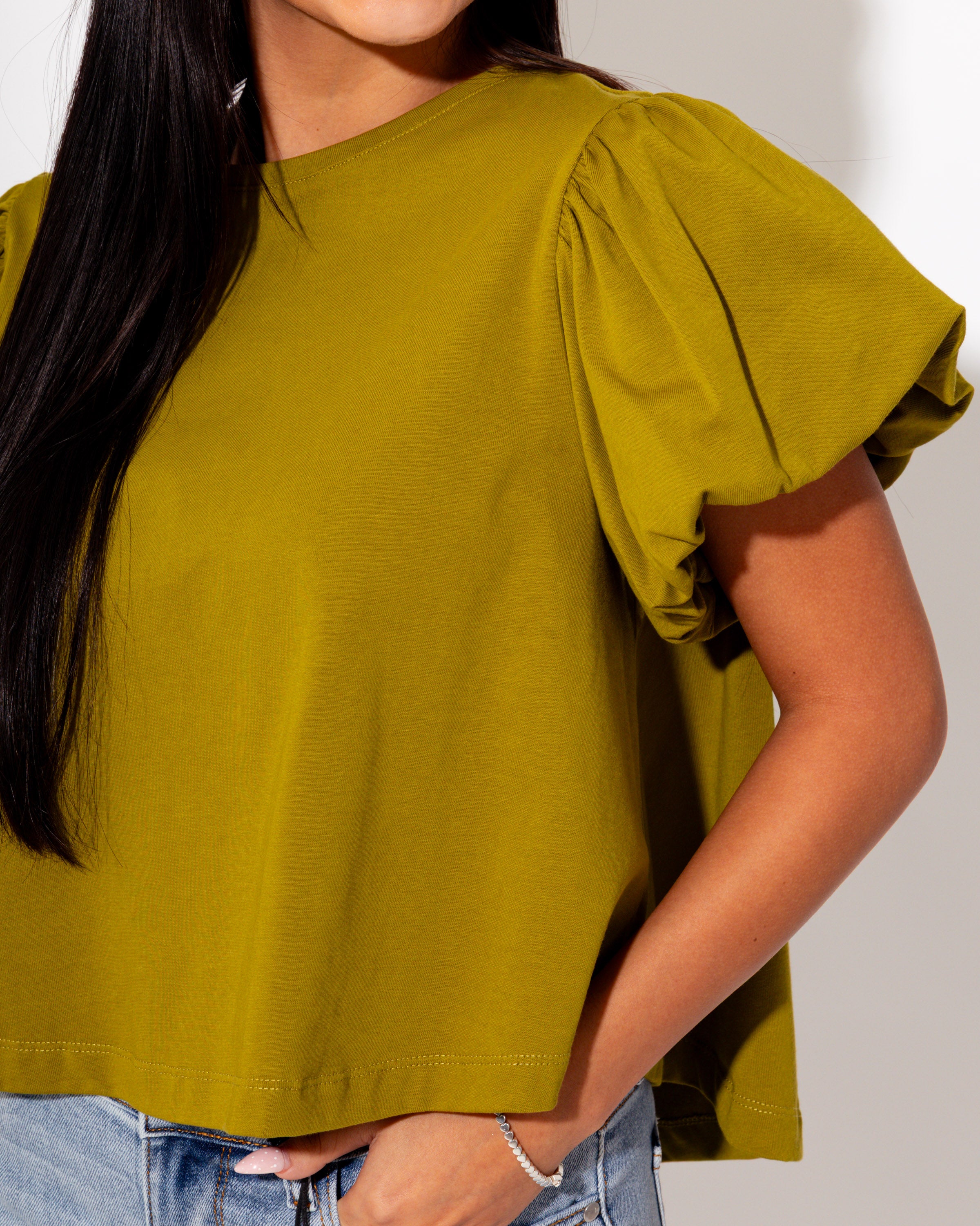 Cropped Puff Sleeve Top in Olive