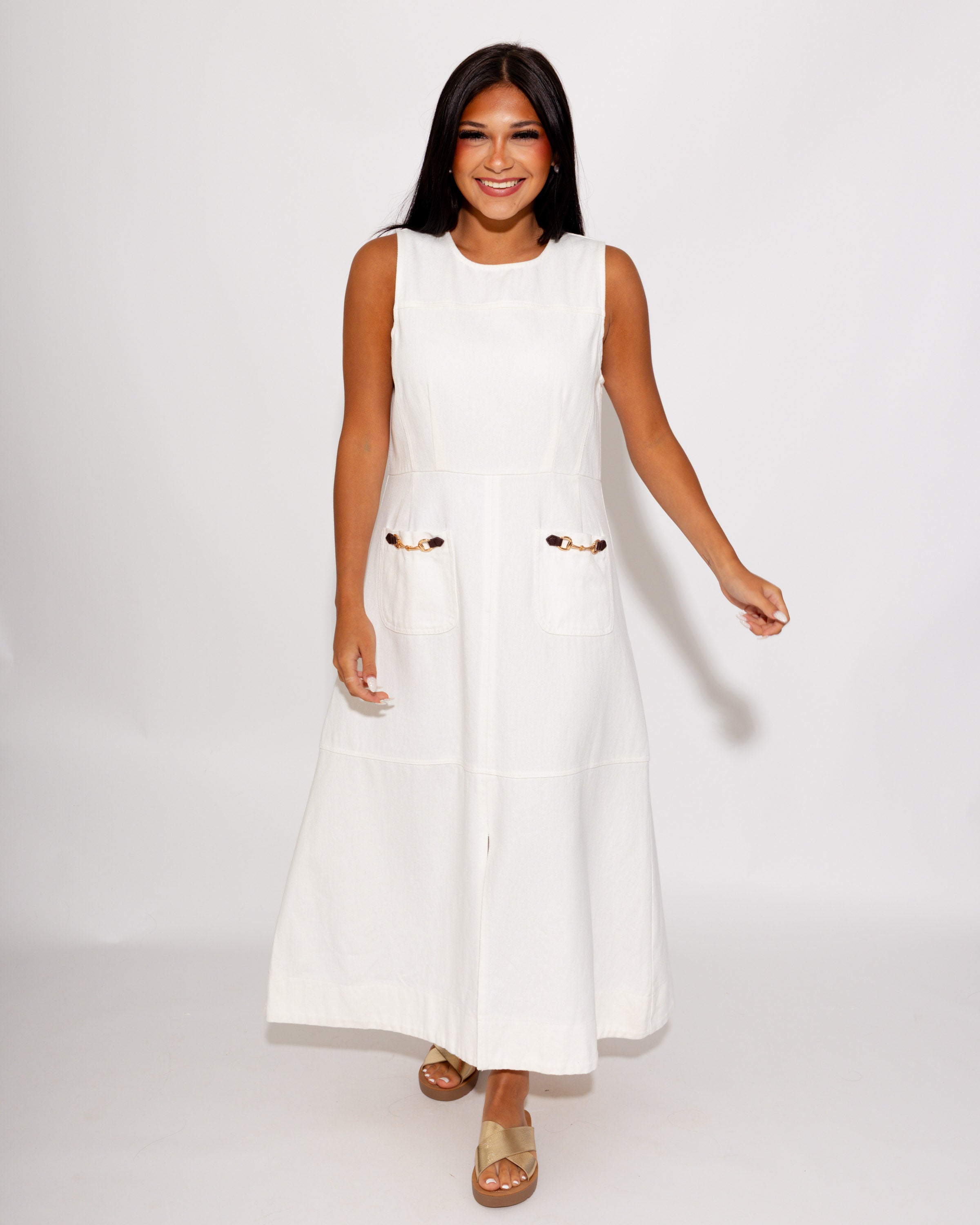 Polished Sleeveless Horsebit Midi Dress