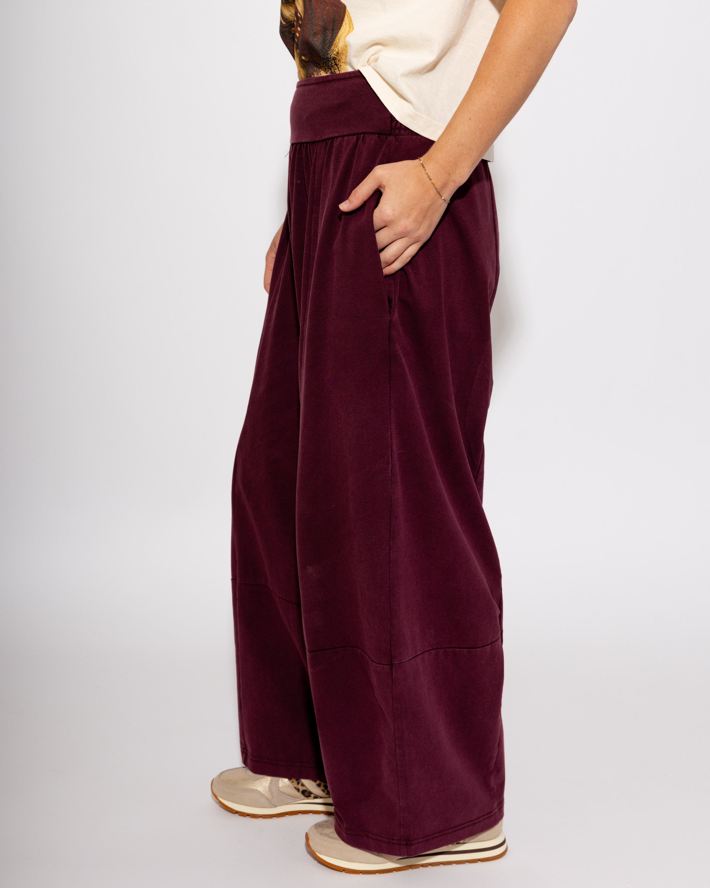 Mineral Washed Wide Leg Pants in Red Bean