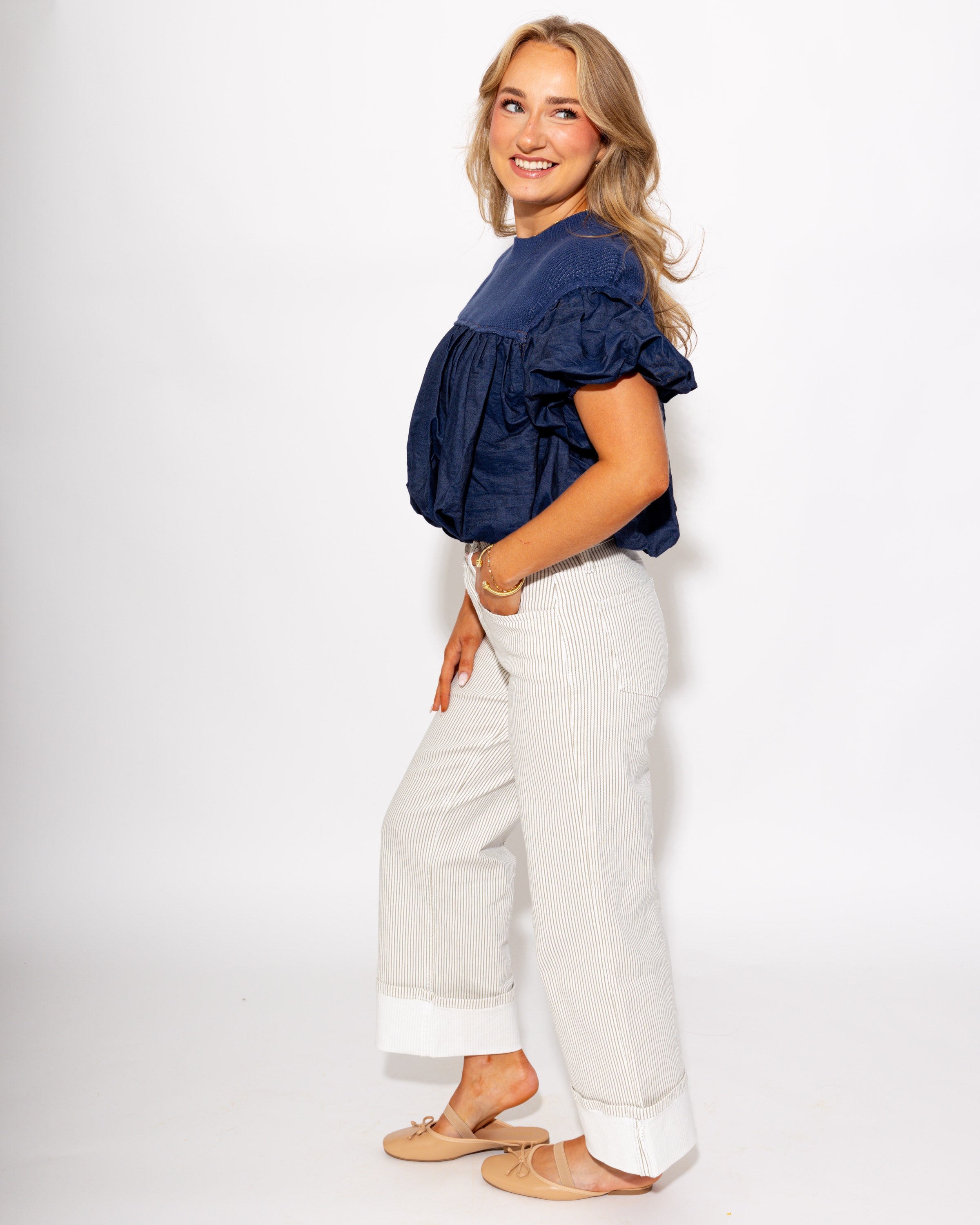 Vervet | High Rise Cuffed Wide Leg Stripe Jeans
