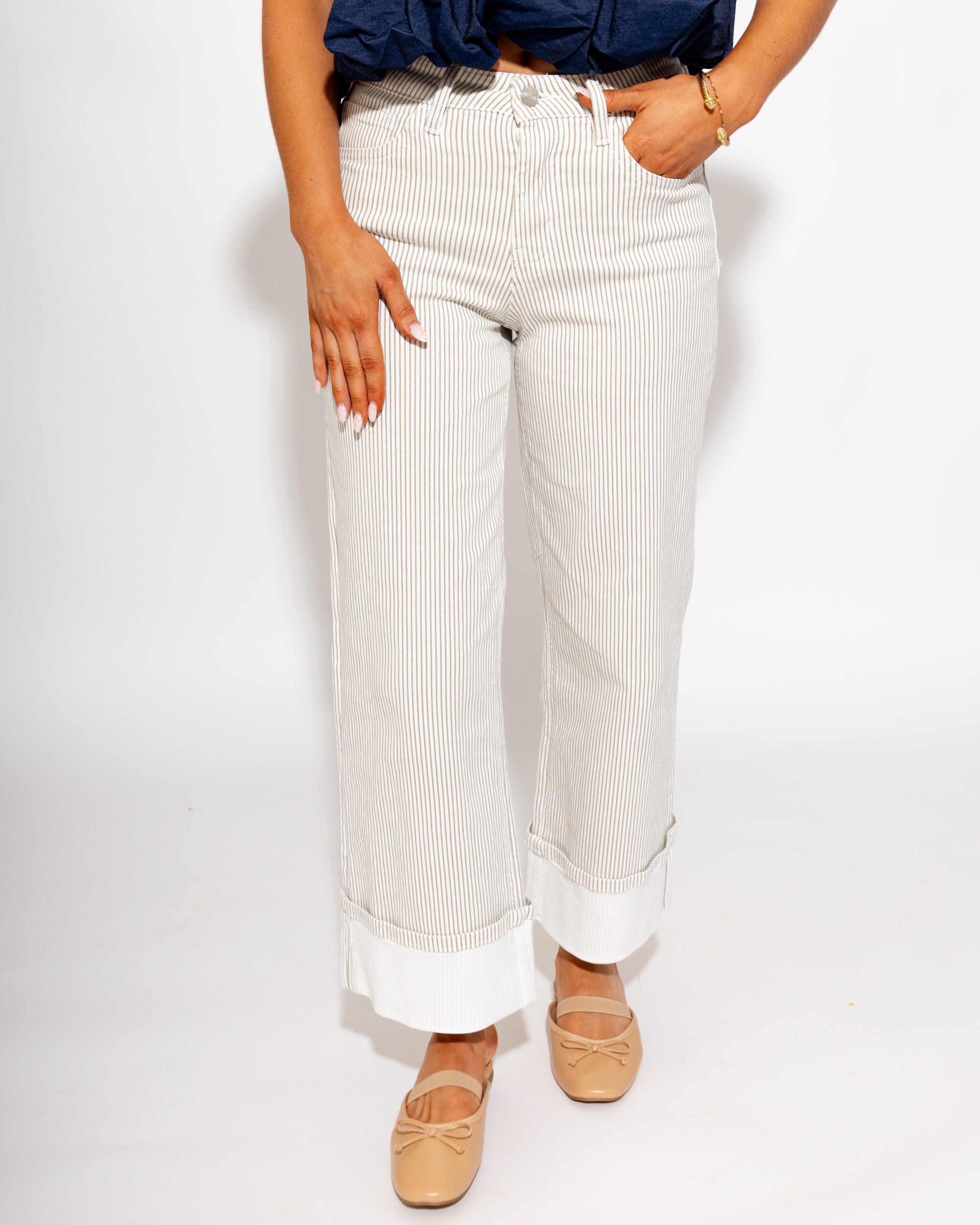 Vervet | High Rise Cuffed Wide Leg Stripe Jeans