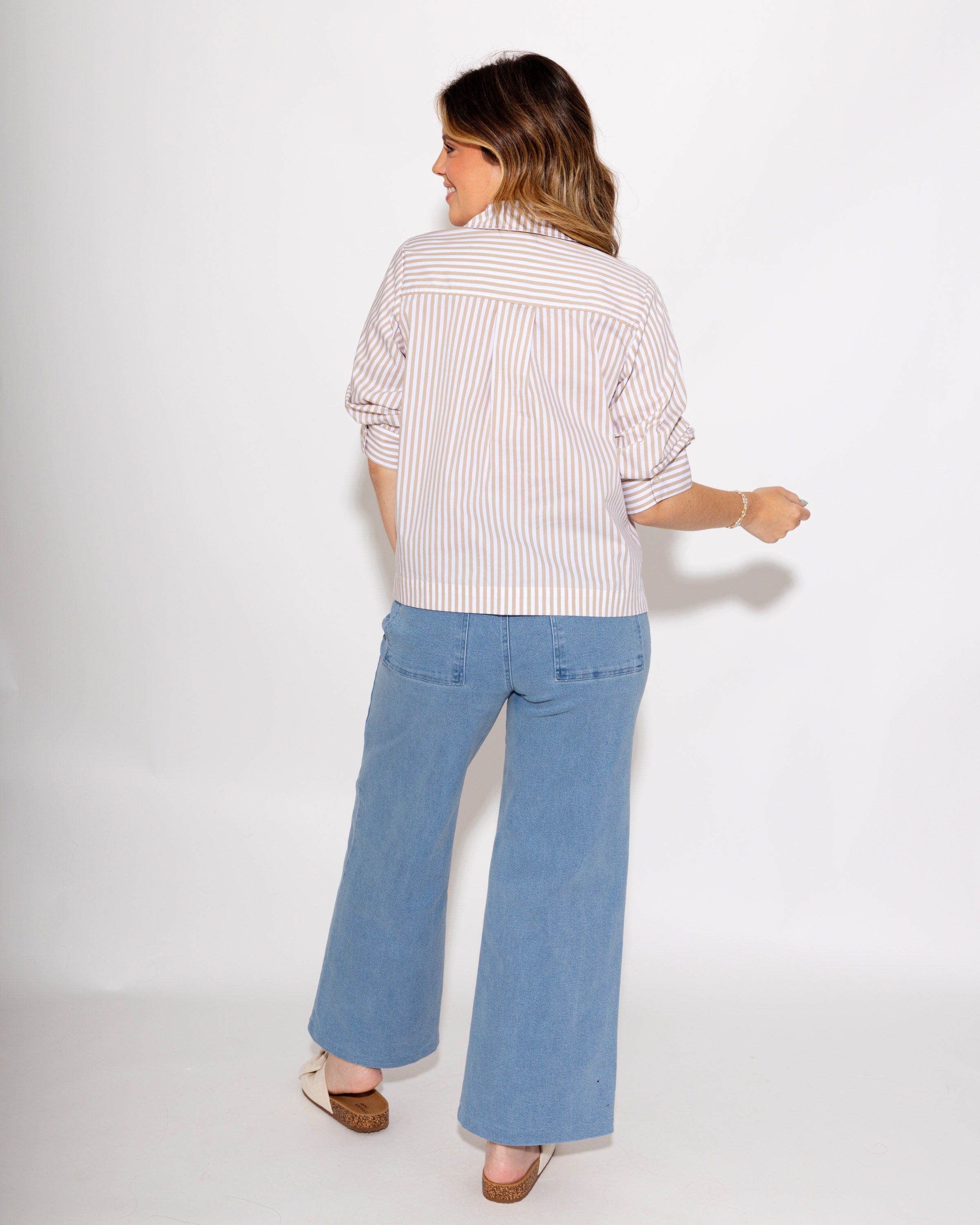Ruched Sleeve Stripe Top in Khaki