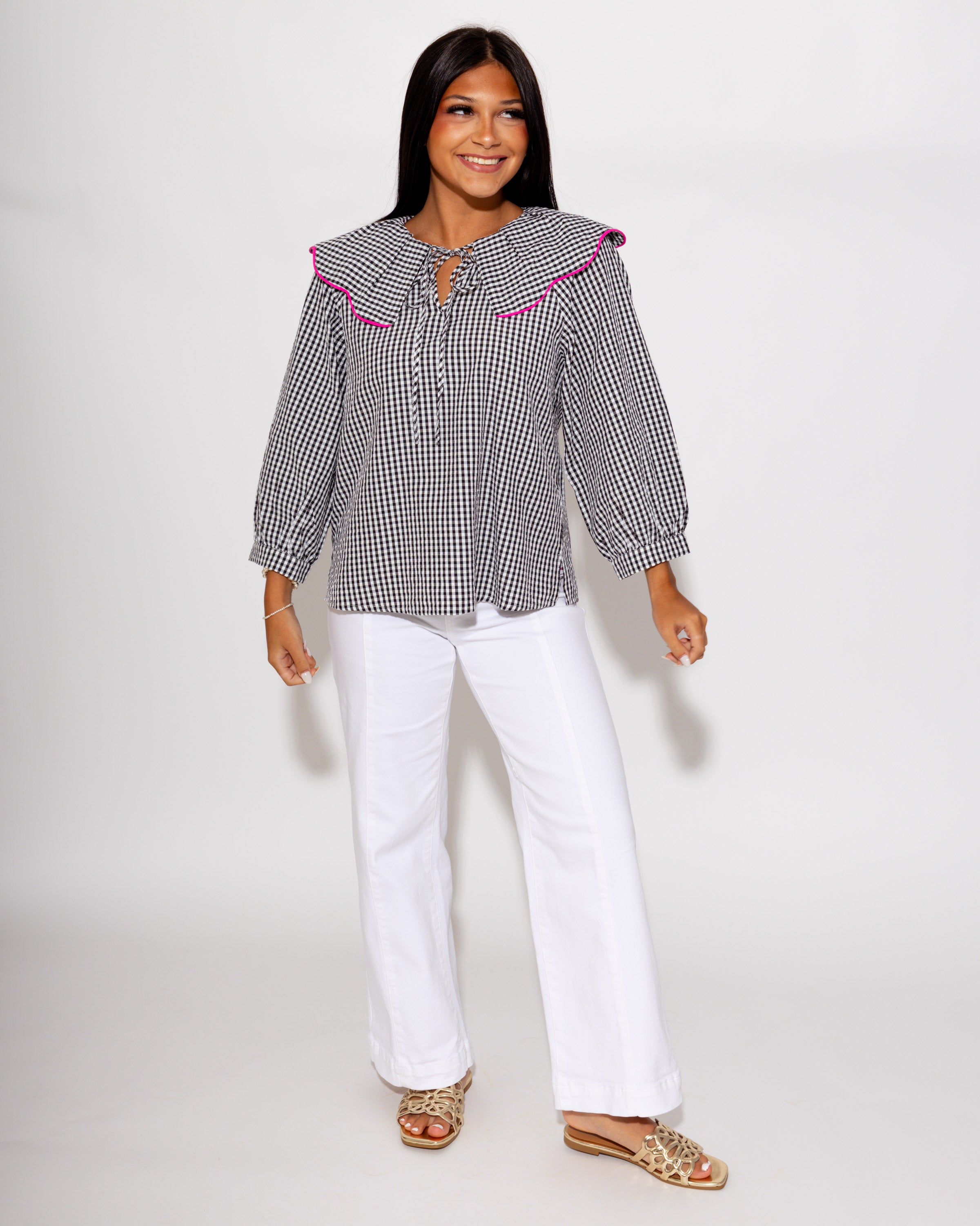 Gingham Pintuck Peasant Top in Black