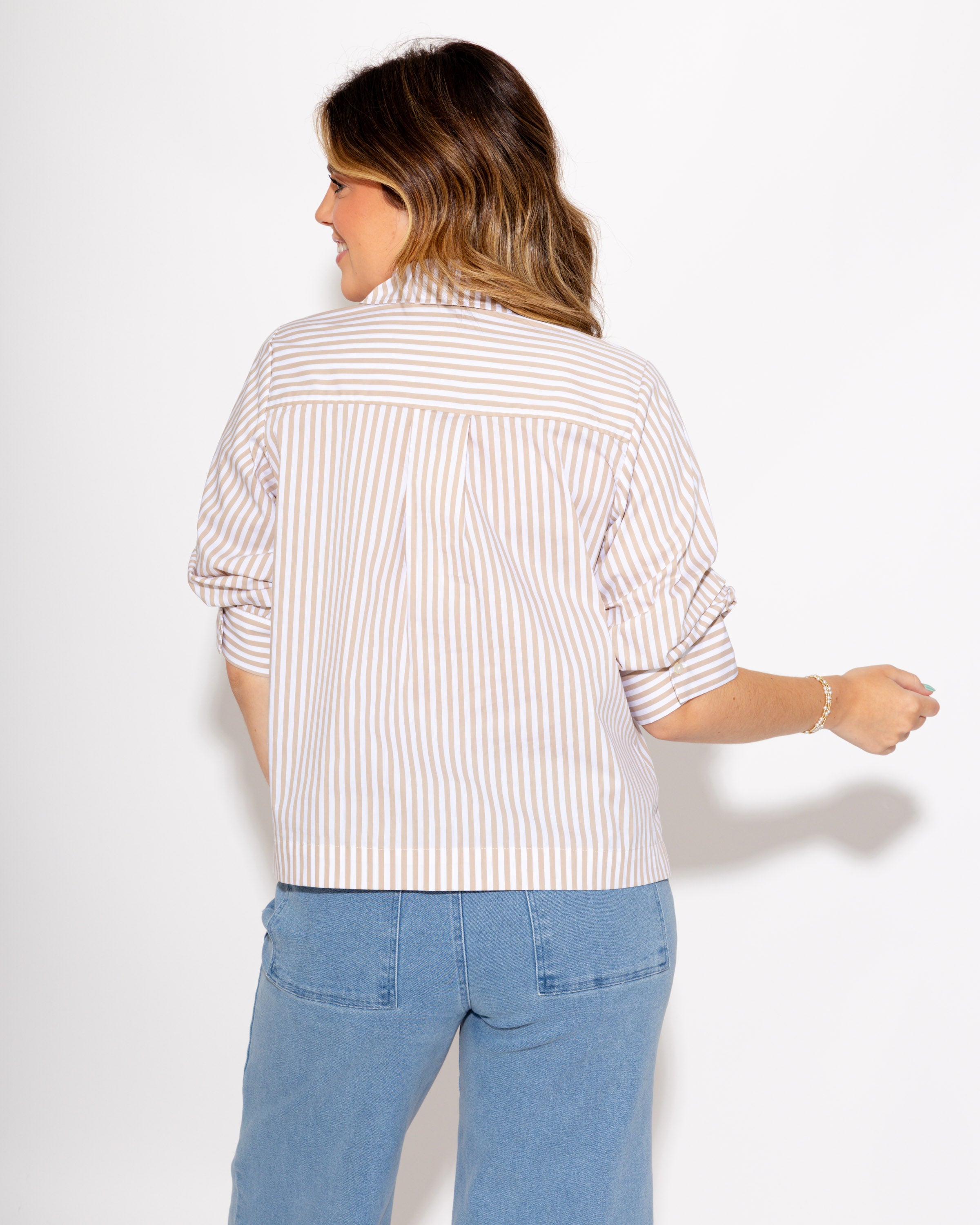 Ruched Sleeve Stripe Top in Khaki