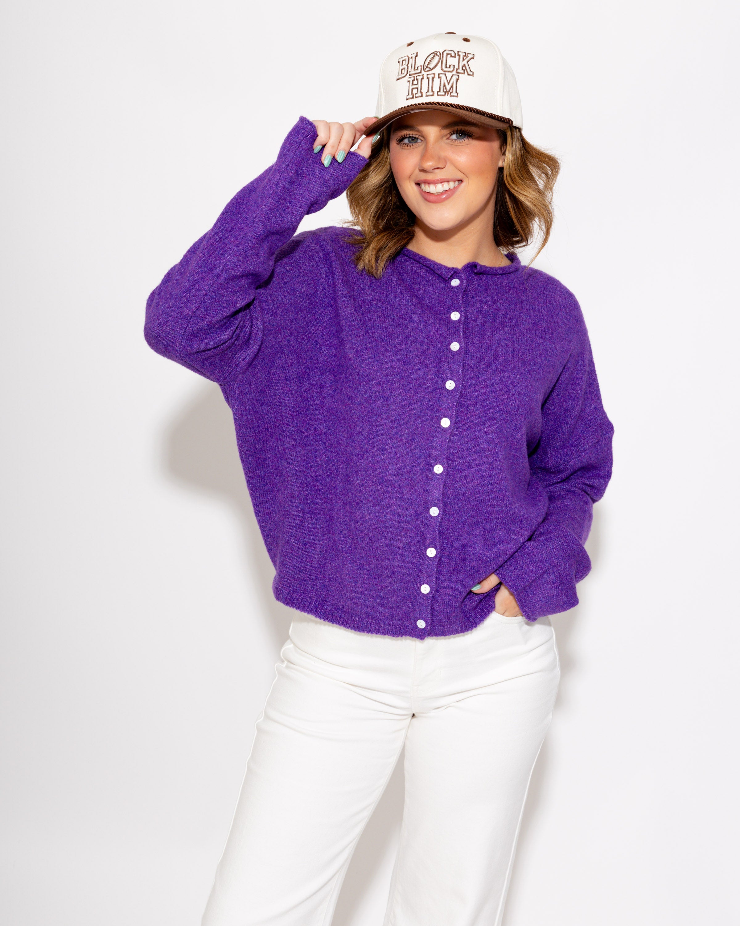 Classic Button Up Cardigan in Purple
