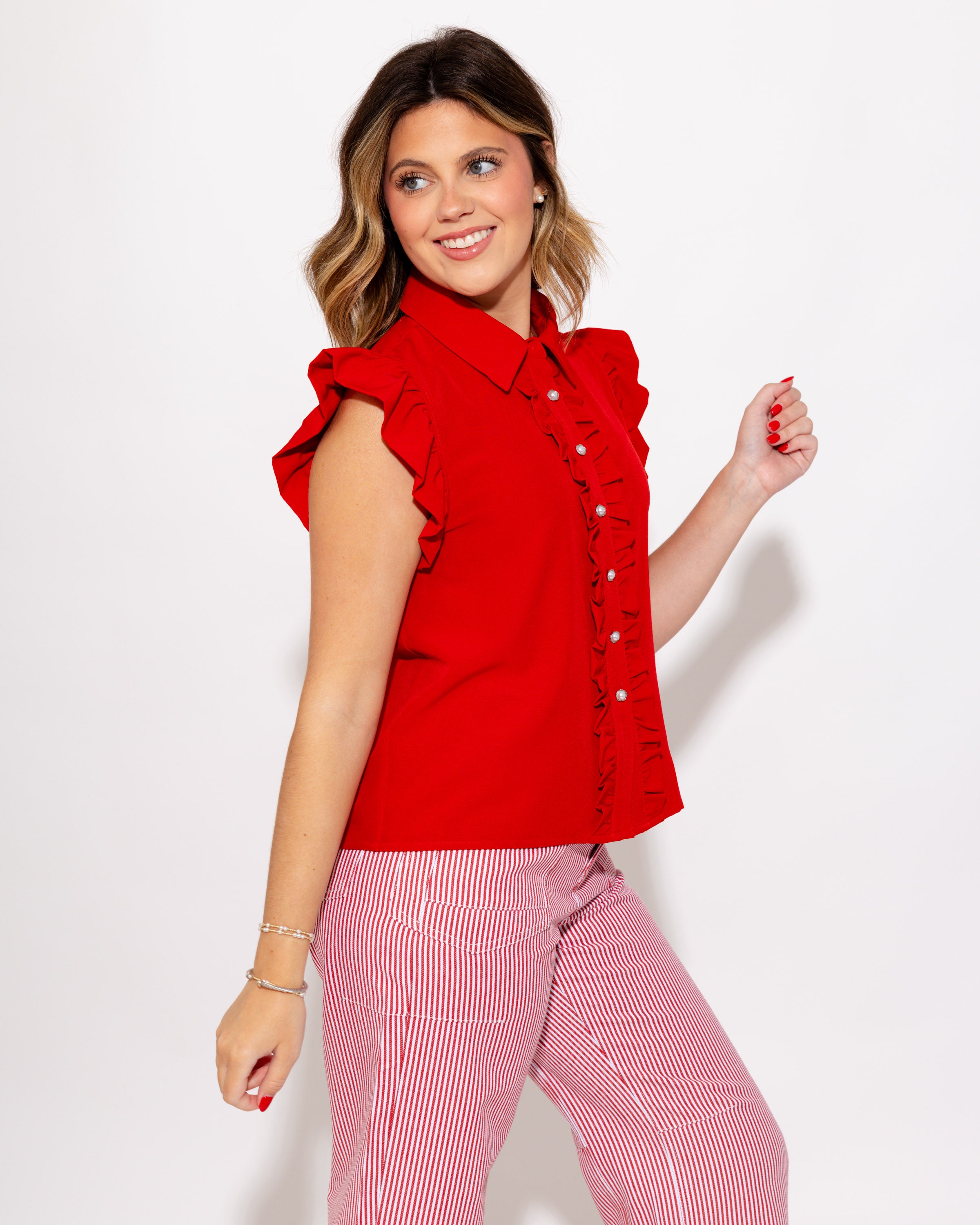Pretty & Polished Ruffle Front Top in Red