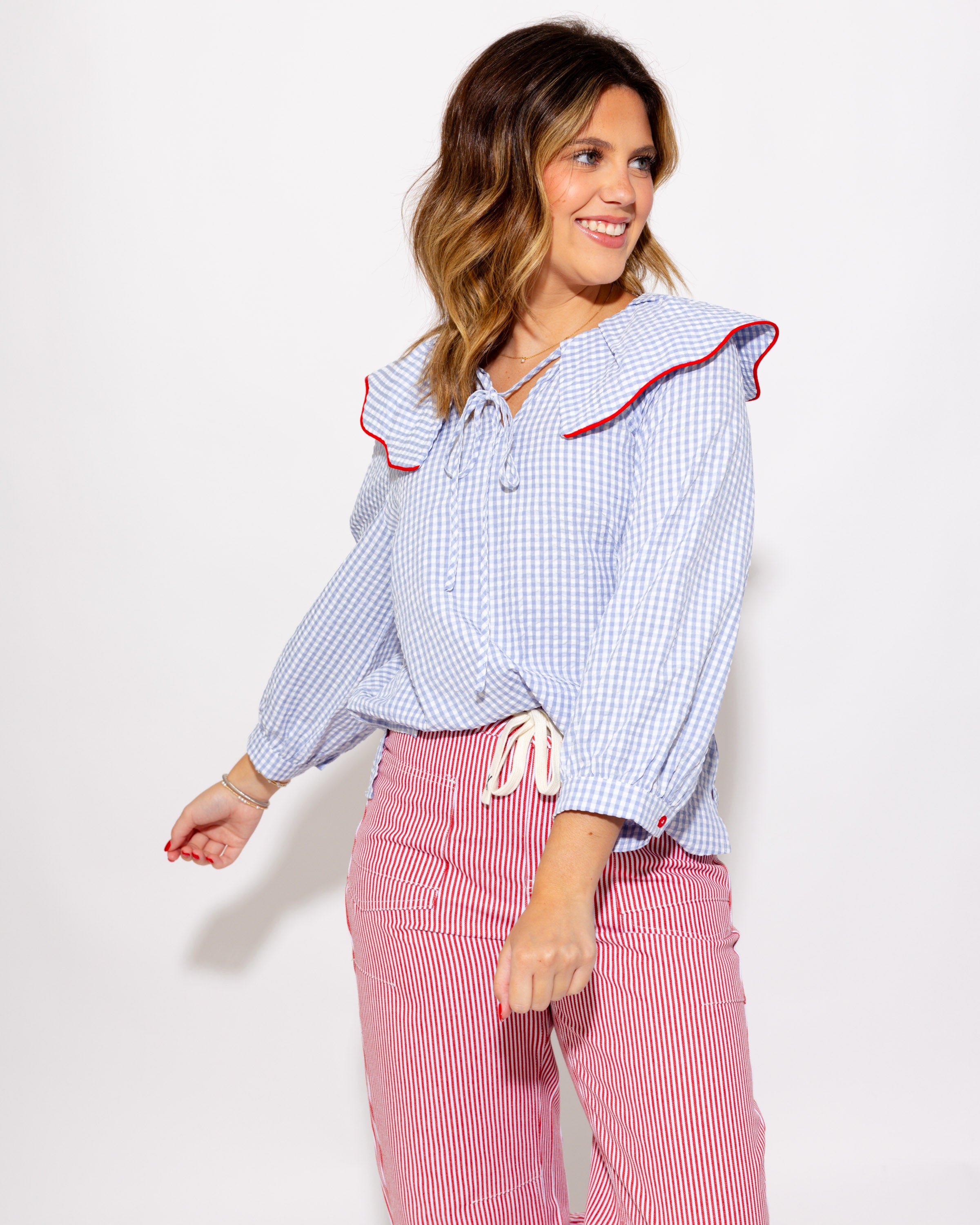 Gingham Pintuck Peasant Top in Blue