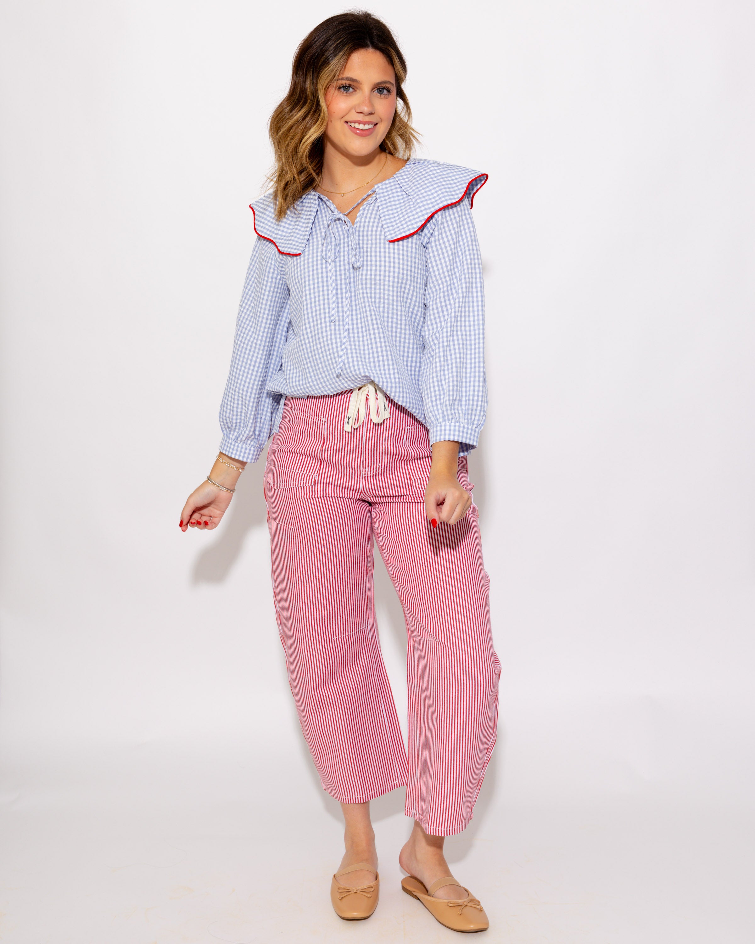 Gingham Pintuck Peasant Top in Blue