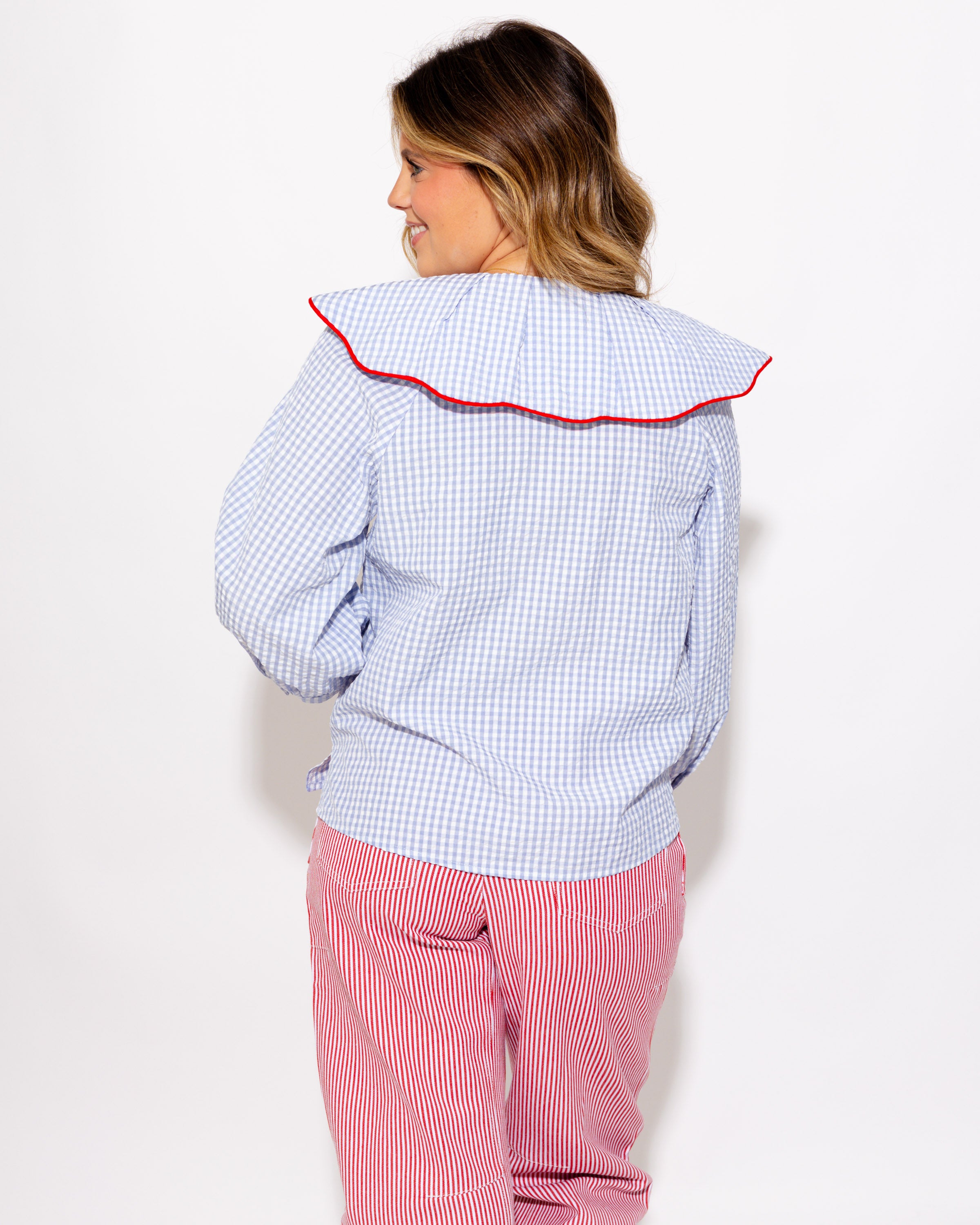 Gingham Pintuck Peasant Top in Blue