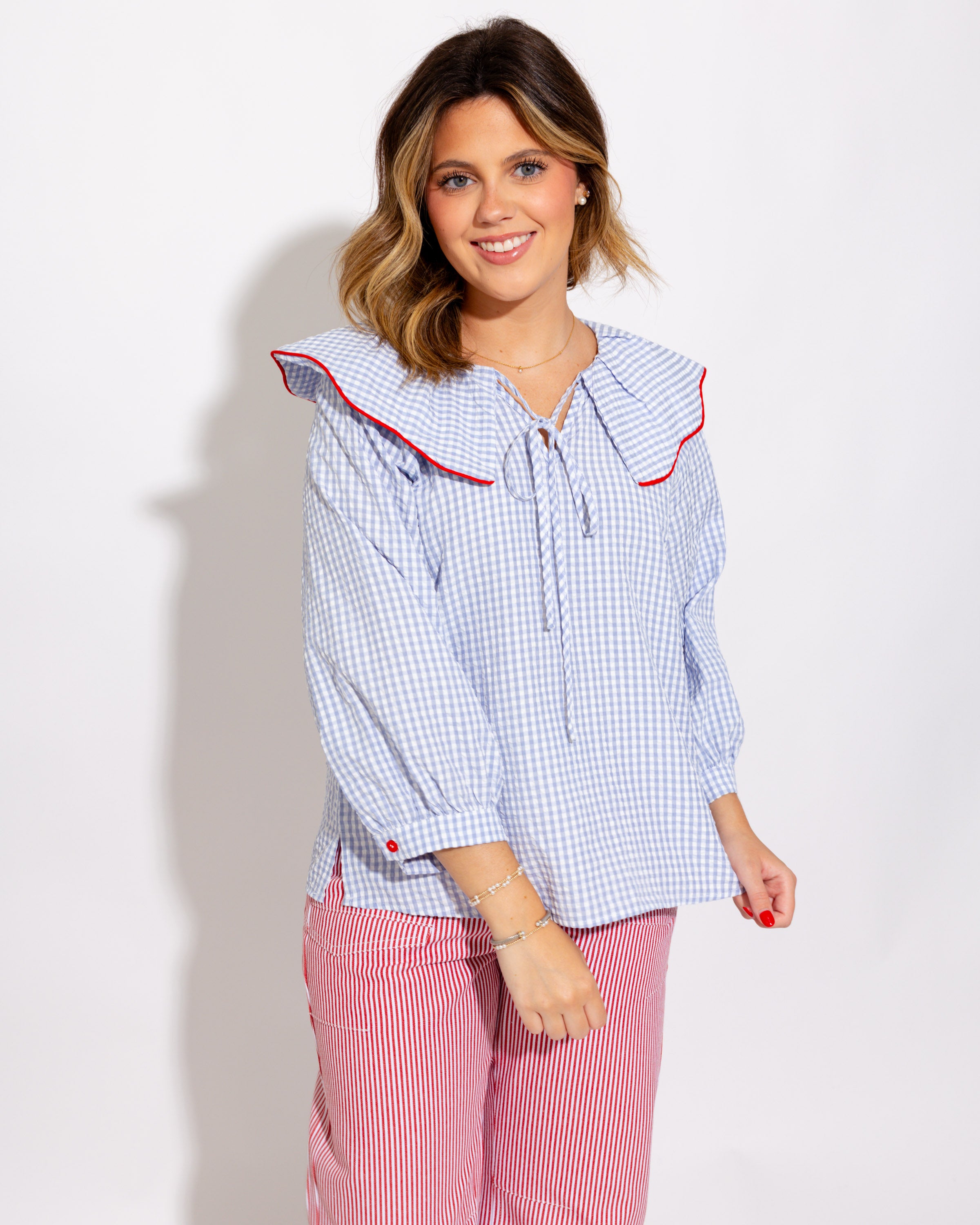 Gingham Pintuck Peasant Top in Blue