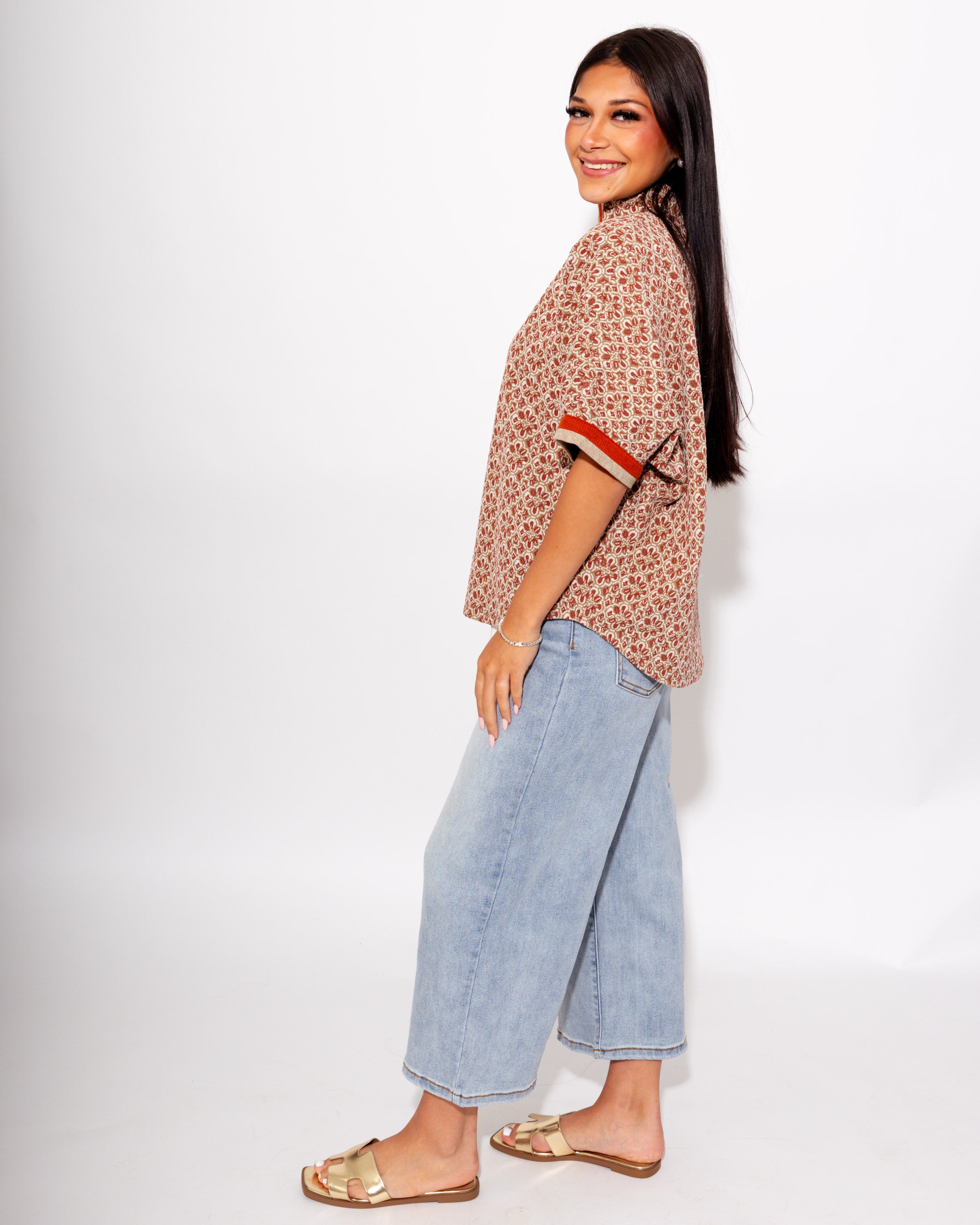 Geo Print Dolman Sleeve Top in Chestnut