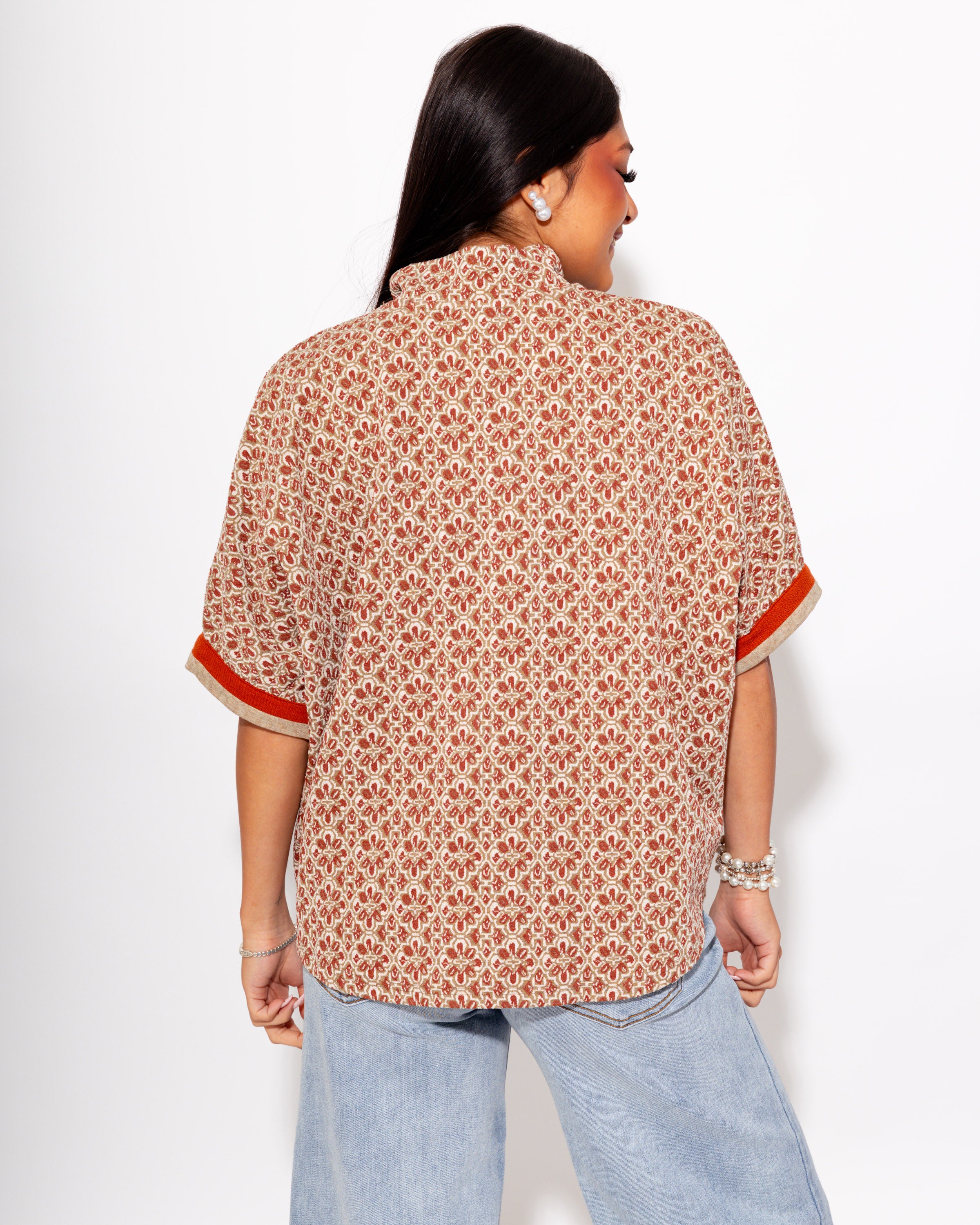 Geo Print Dolman Sleeve Top in Chestnut