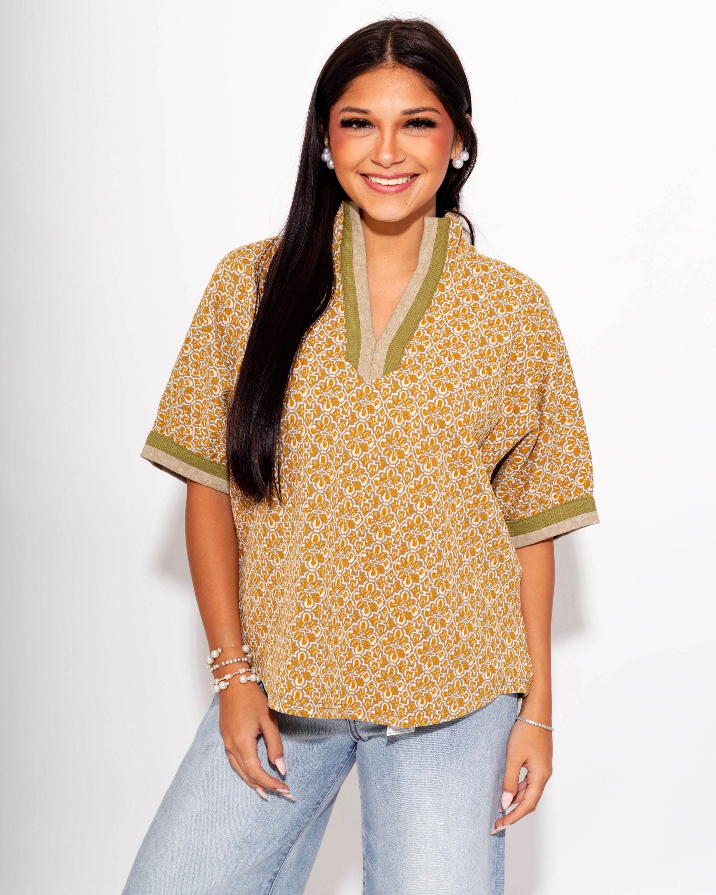 Geo Print Dolman Sleeve Top in Mustard