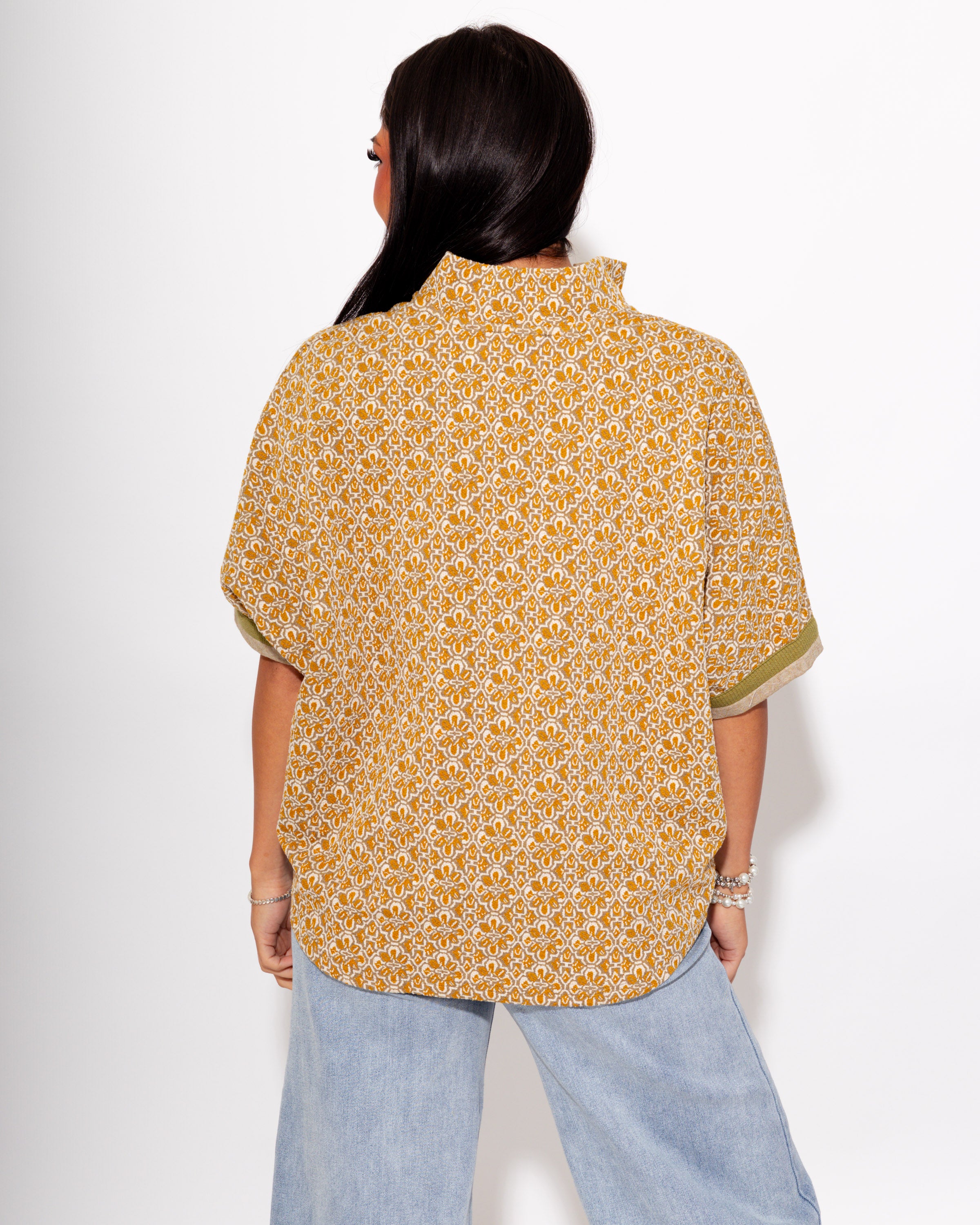 Geo Print Dolman Sleeve Top in Mustard