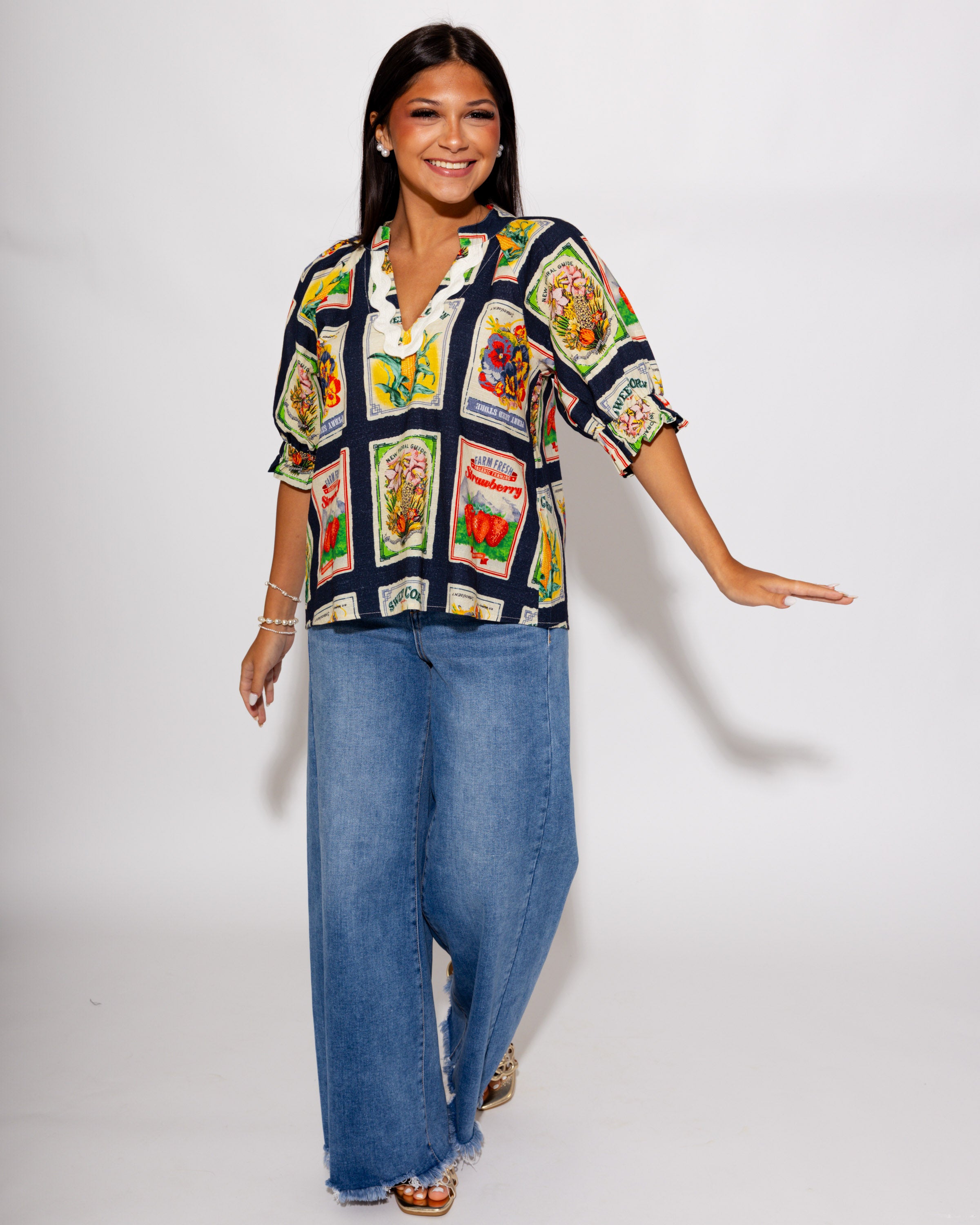Navy Vintage Print V-Neck Top