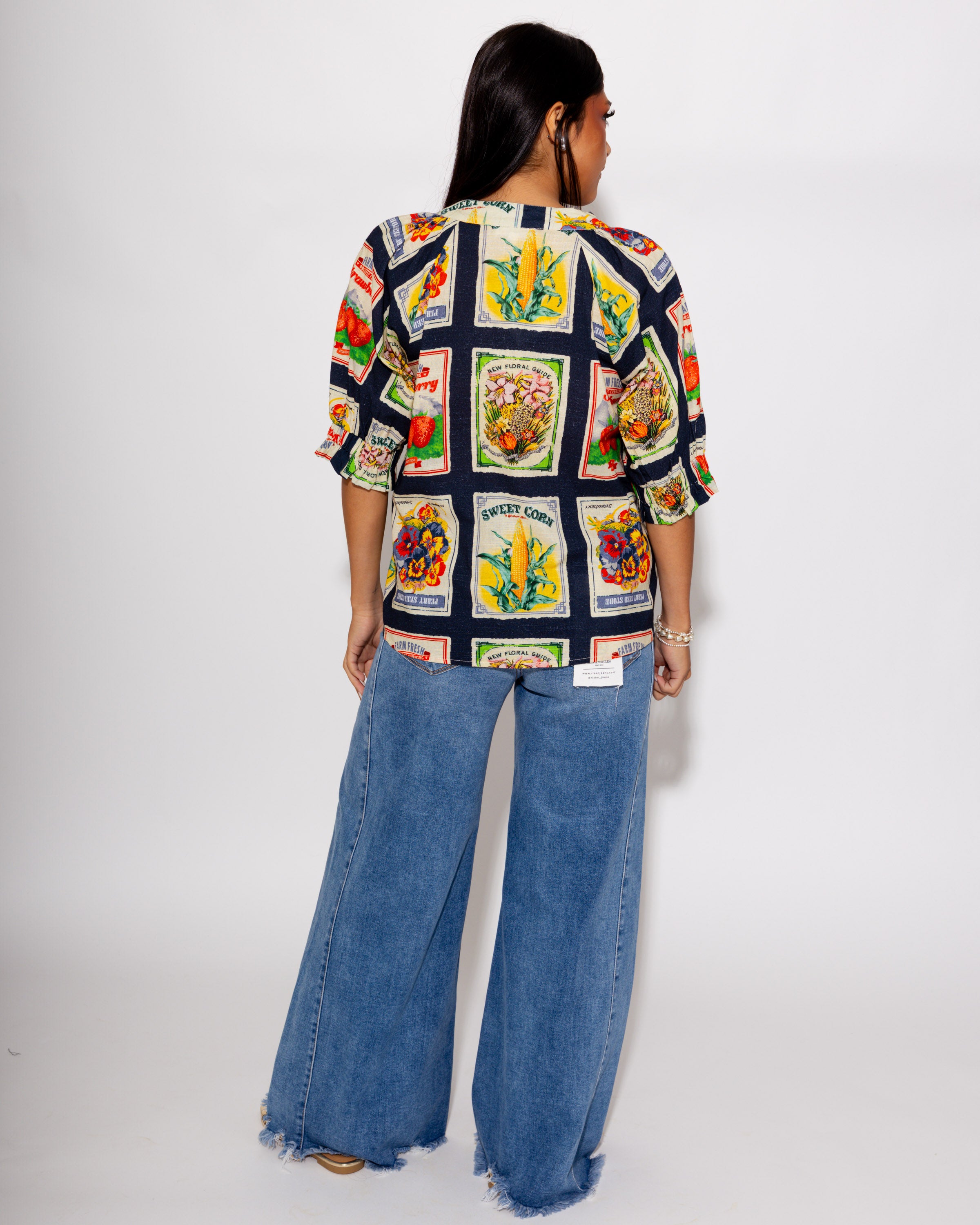 Navy Vintage Print V-Neck Top