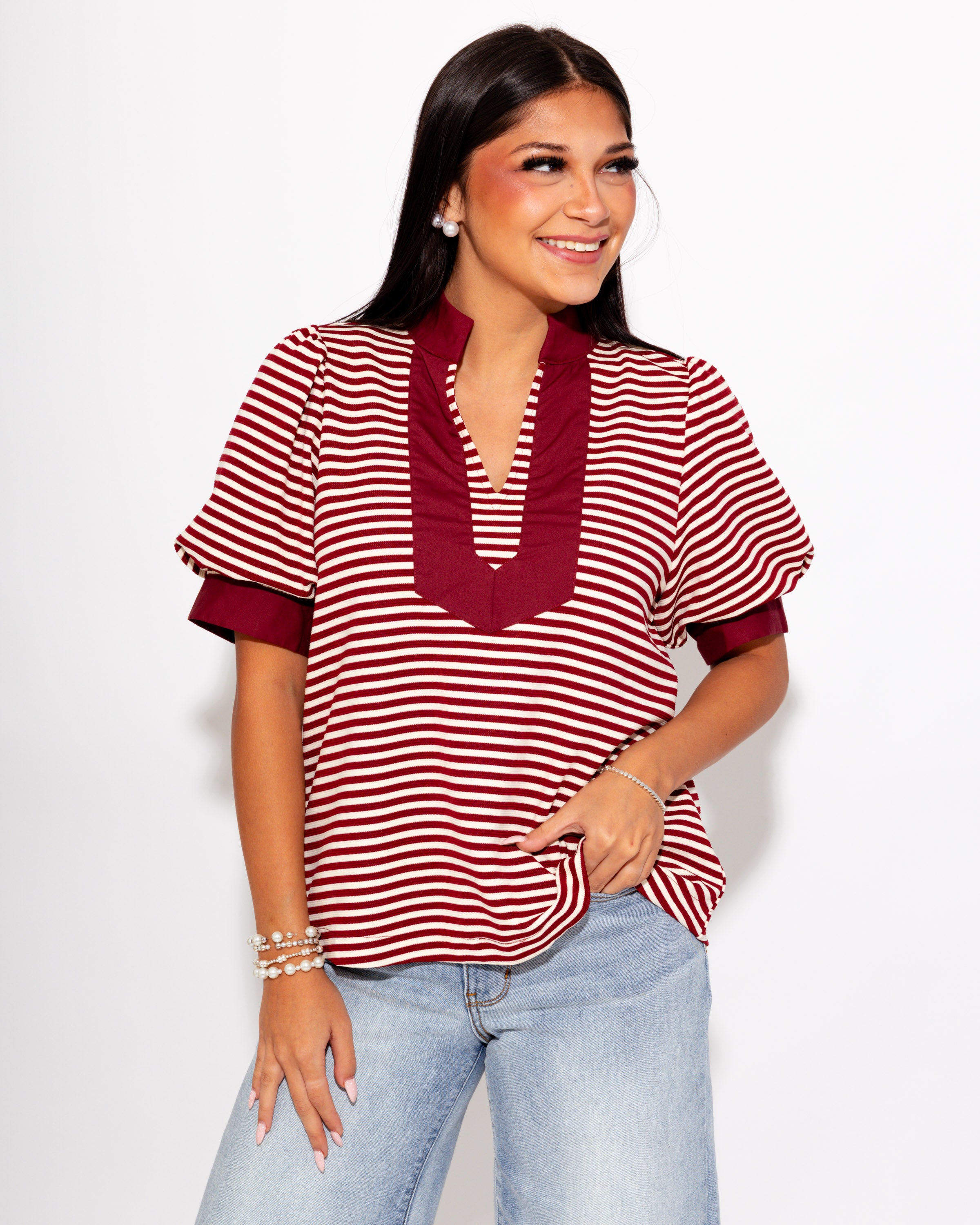 Stripe Contrast Puff Sleeve Top in Burgundy
